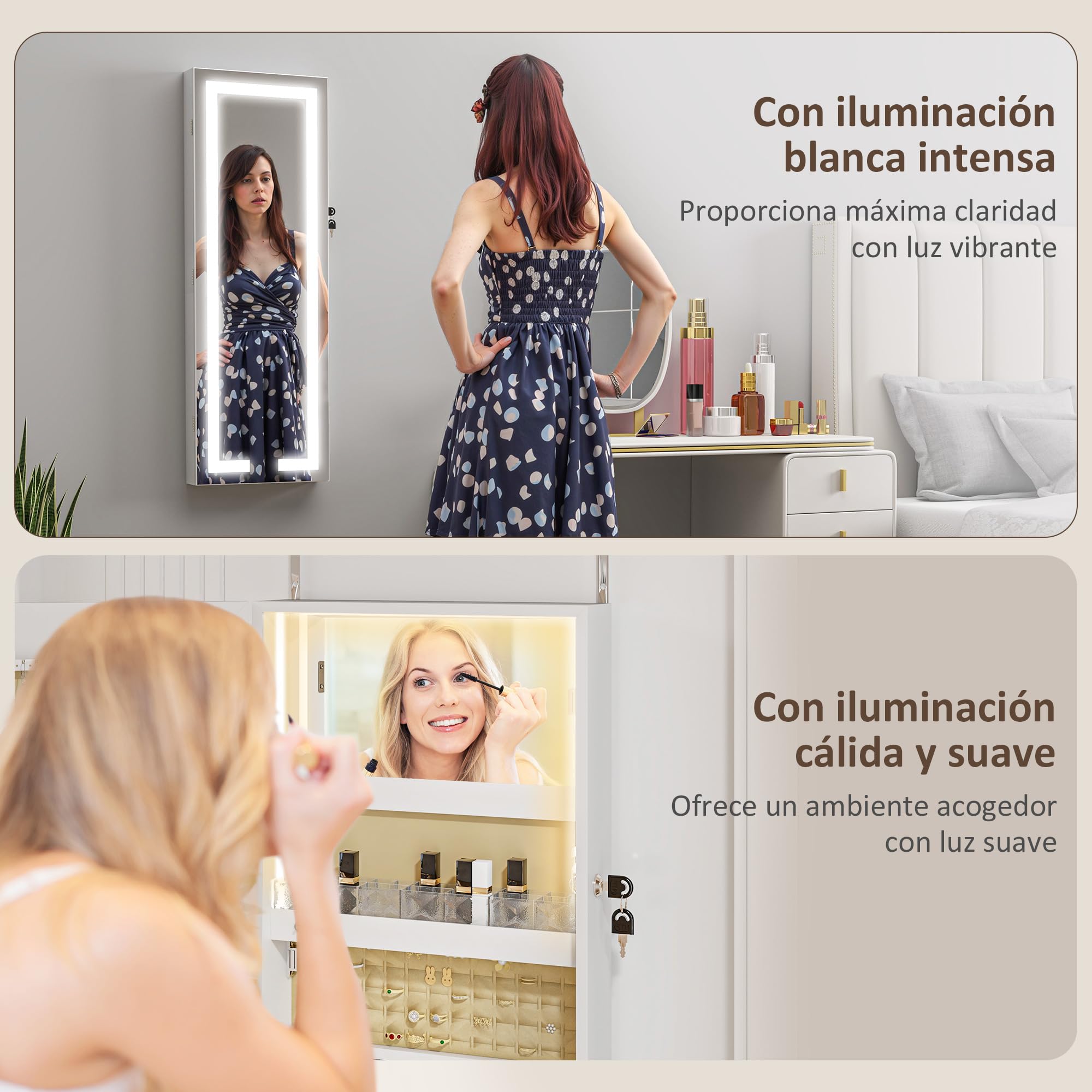 HOMCOM Espejo Joyero de Pared con Luces LED y Cerradura, Armario para Joyas Colgante, Blanco y Forro Crema