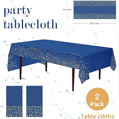Miniatura 2 de Yancorp 2 Pack Plastic Tablecloth Disposable Navy Blue Gold Tablecloth for Rectangle Tables 54" x 108" Party Decorations Birthday Thanksgiving