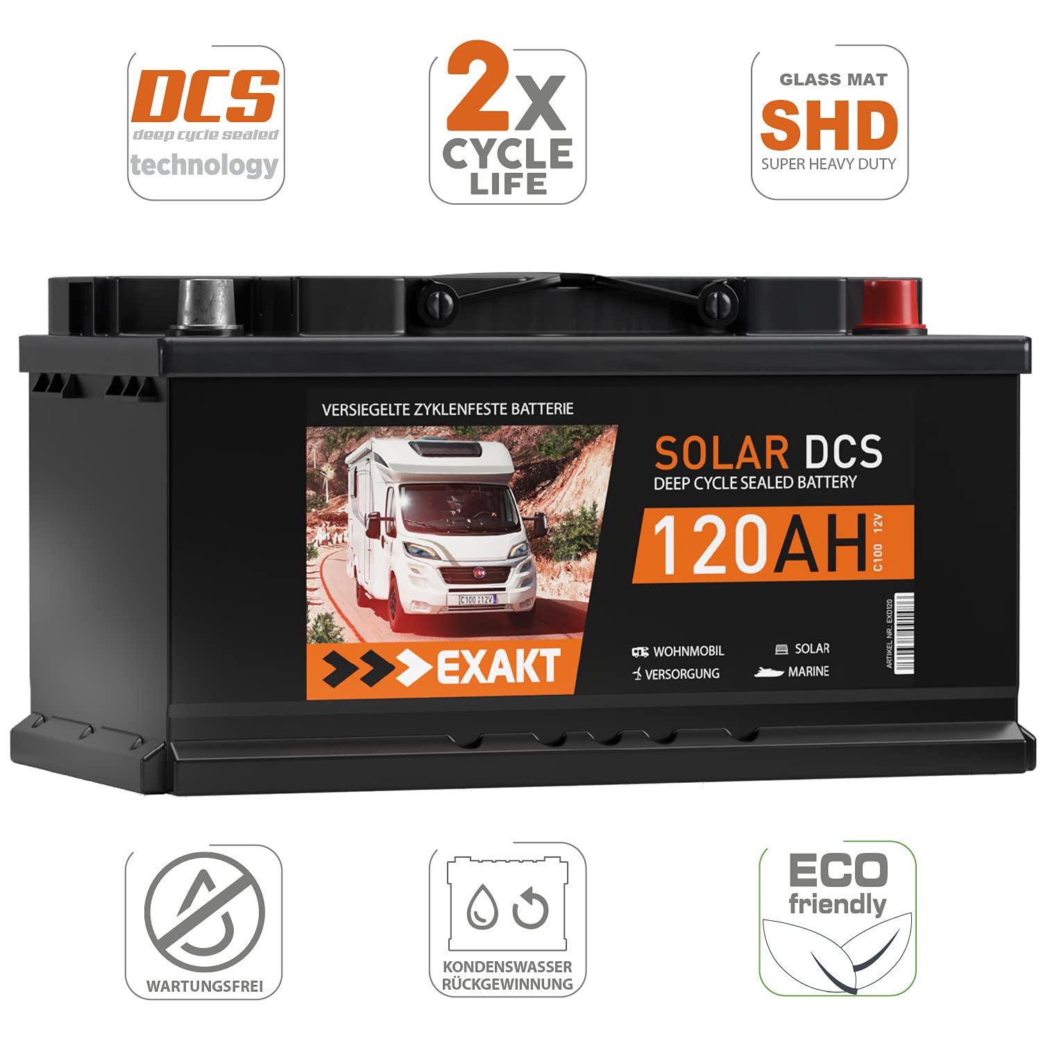 Solarbatterie 120Ah 12V EXAKT DCS Wohnmobil Versorgung Boot Solar Batterie (120AH 12V)