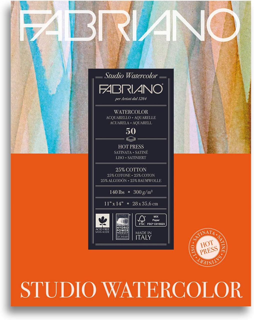 Fabriano Studio Watercolor Pad, Hot-Press, 11" x 14", 140 lb., 50 Sheets