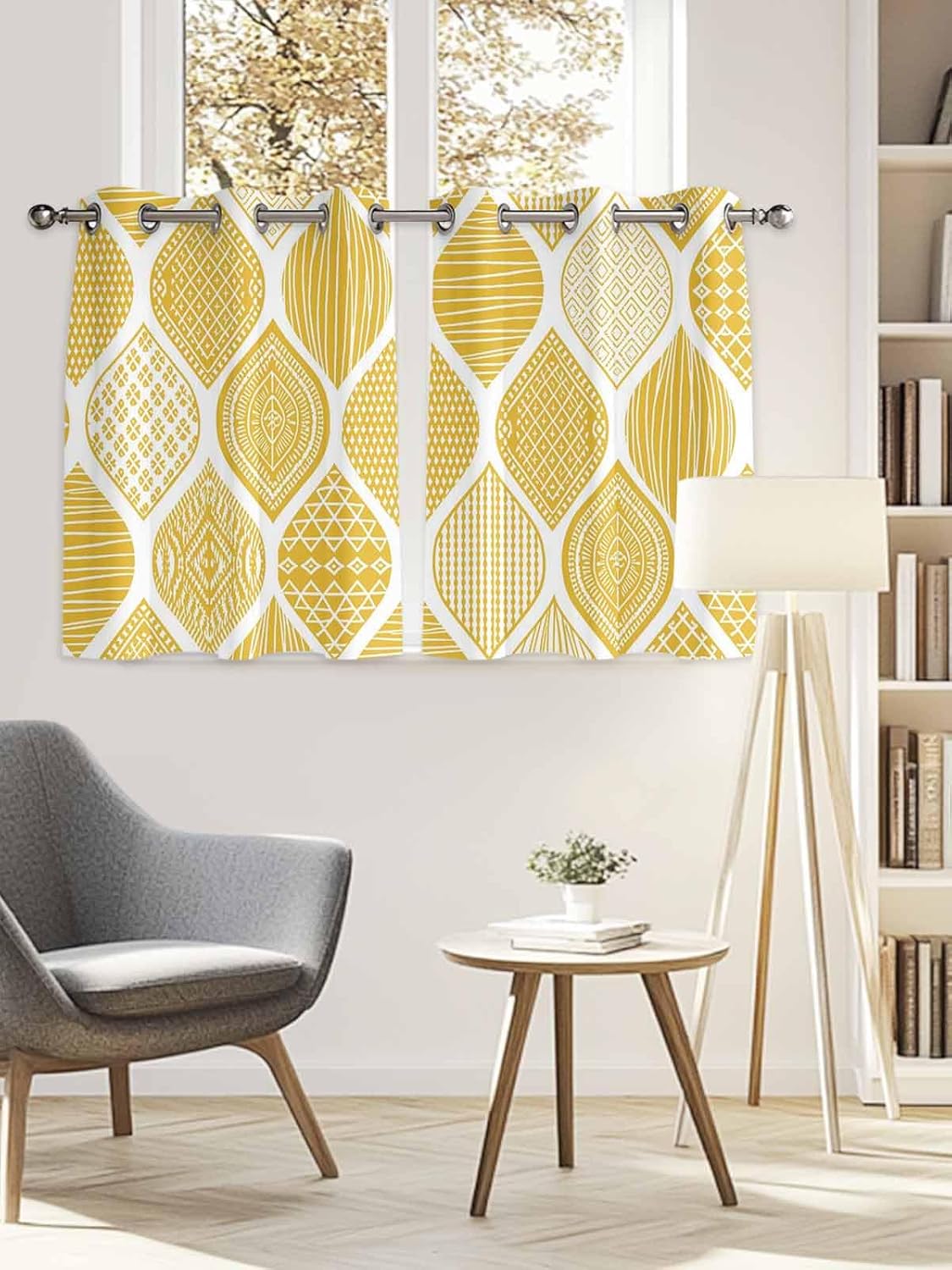 Grommet Top Window Curtains, Geometric Yellow Texture Durable Light Blocking Windows Drapes for Kitchen/Bedroom/Living Room, Window Treatments Curtain Set of 2 Panels 52x54 in