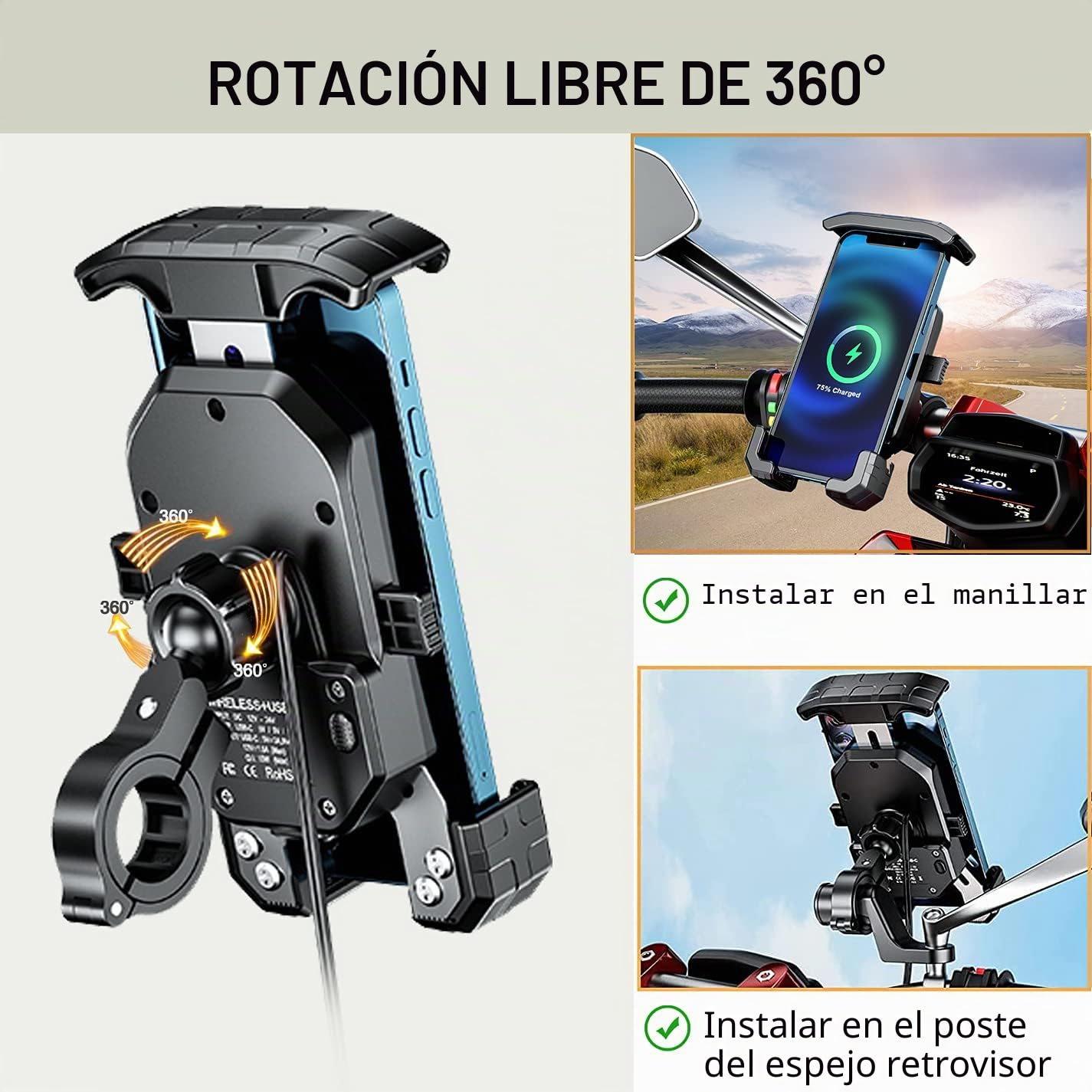 Teléfono Inalámbrico de la Motocicleta Monte USB C 3.0 Cargador de Soporte de Teléfono QI 15W por Cableado/Enchufe a USB Una Base de Manillar de Aluminio de Zócalo para Teléfonos Celulares de 4 "-7"