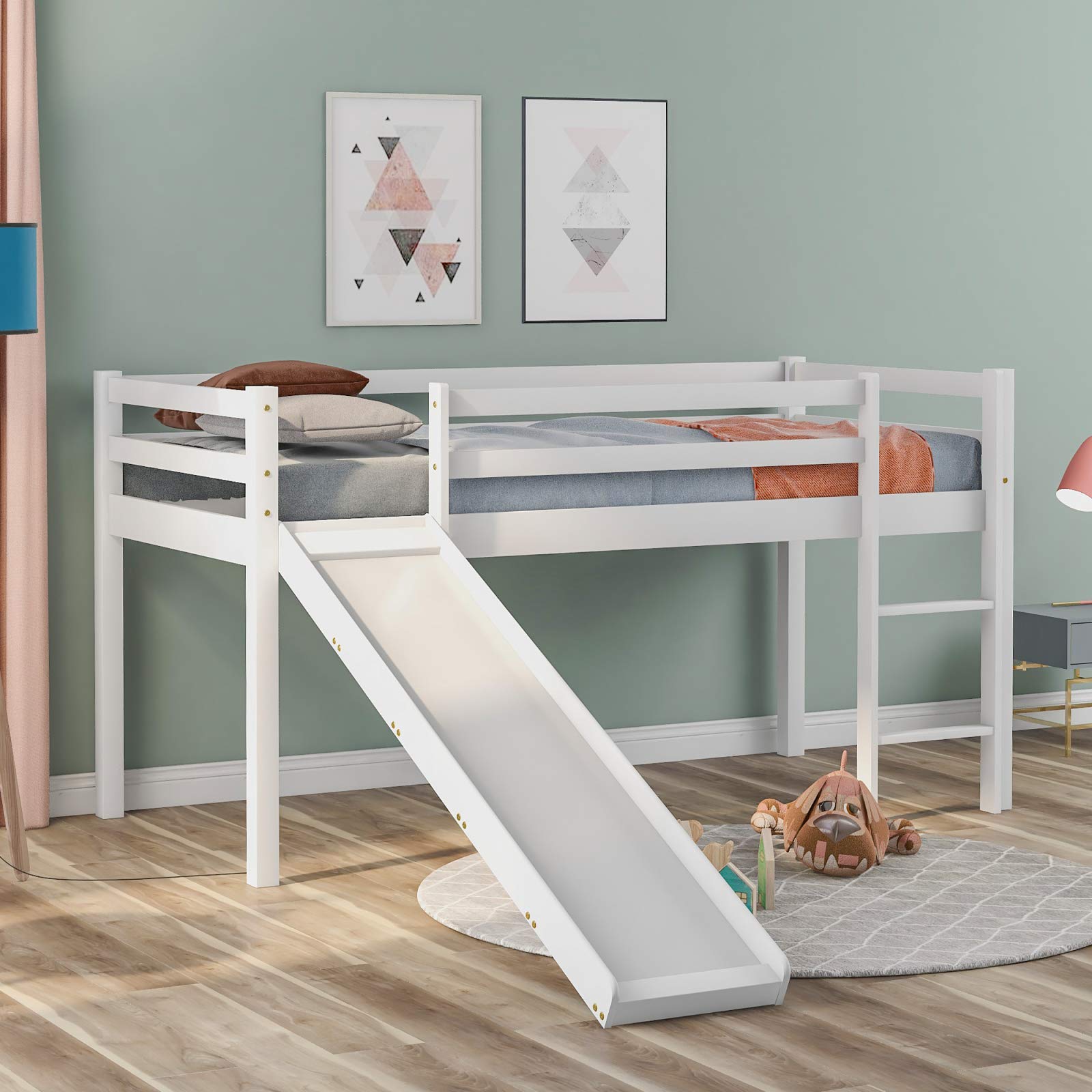 VSTAR66 Wooden Childrens Bunk Bed with Adjustable Ladder & Slide, Kids