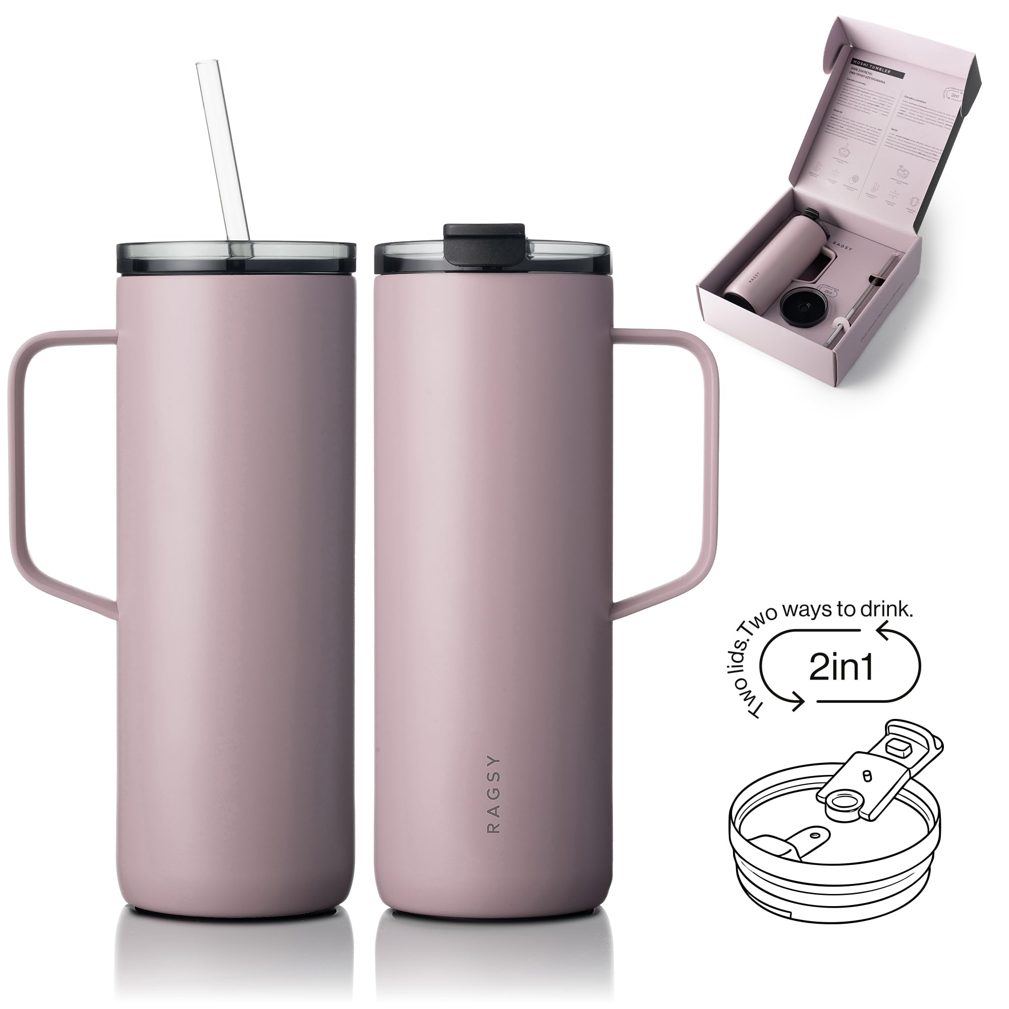 RAGSY MOSHI Tumbler Thermobecher 600ml mit Keramikbeschichtung – 2-in-1 Isolierbecher mit Strohhalm & Trinköffnung, Doppelwandiger Edelstahl Kaffeebecher To Go, Auslaufsicher, BPA-Frei, Lilac