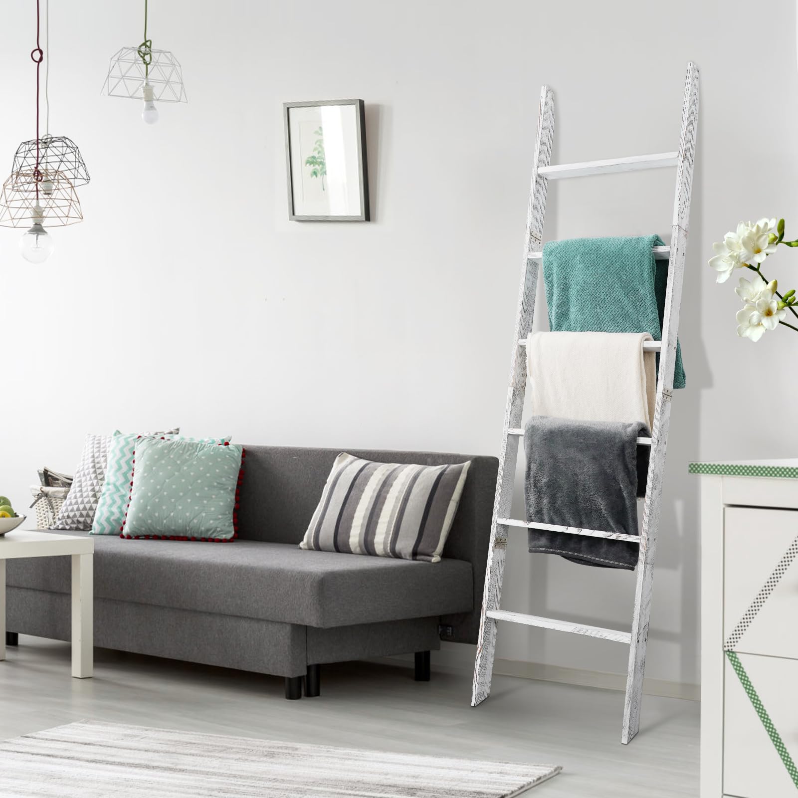 6-Tier Blanket Ladder Wooden,100% Pine,Towel Holder Rack with Anti-Slip Construction,Home Decor,Easy Assembly (Vintage White)