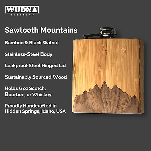 Miniatura 2 de WUDN Frasco de madera de 6 oz. - Cuerpo de acero inoxidable, montañas de dientes de sierra Bamboo Sky