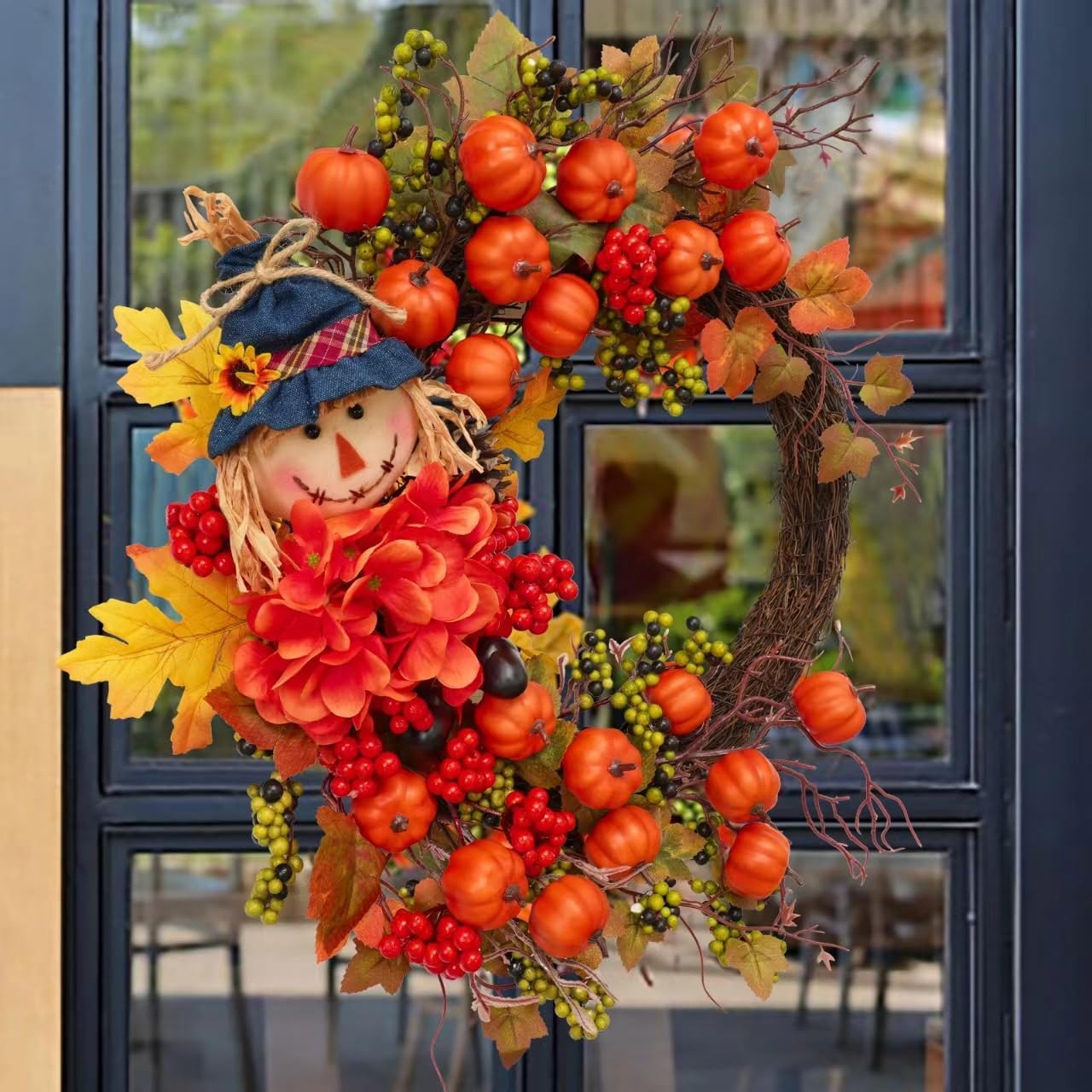 Fall Wreath for Front Door,Pumpkin Wreath with Scarecrow with Berries, Acorns and Hydrangea,Autumn Harvest Porch Decor,thanksgving Farmhouse Fall Door decorations-20inch