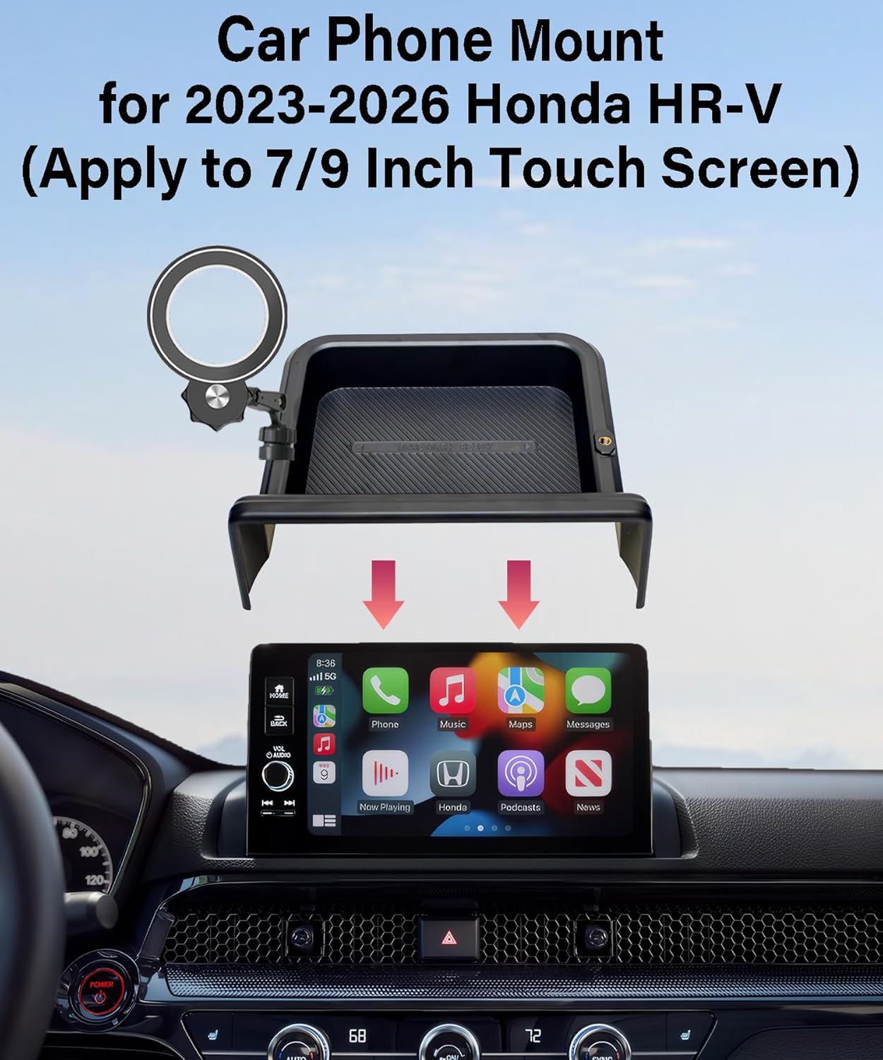 Car Phone Holder for 2023 2024 2025 2026 Honda HR-V Accessories Apply to 7/9 Inch Screen Fixed Clip Magnetic Cell Phone Mount Hands-Free 360 Degree Rotation with Dashboard Storage Tray