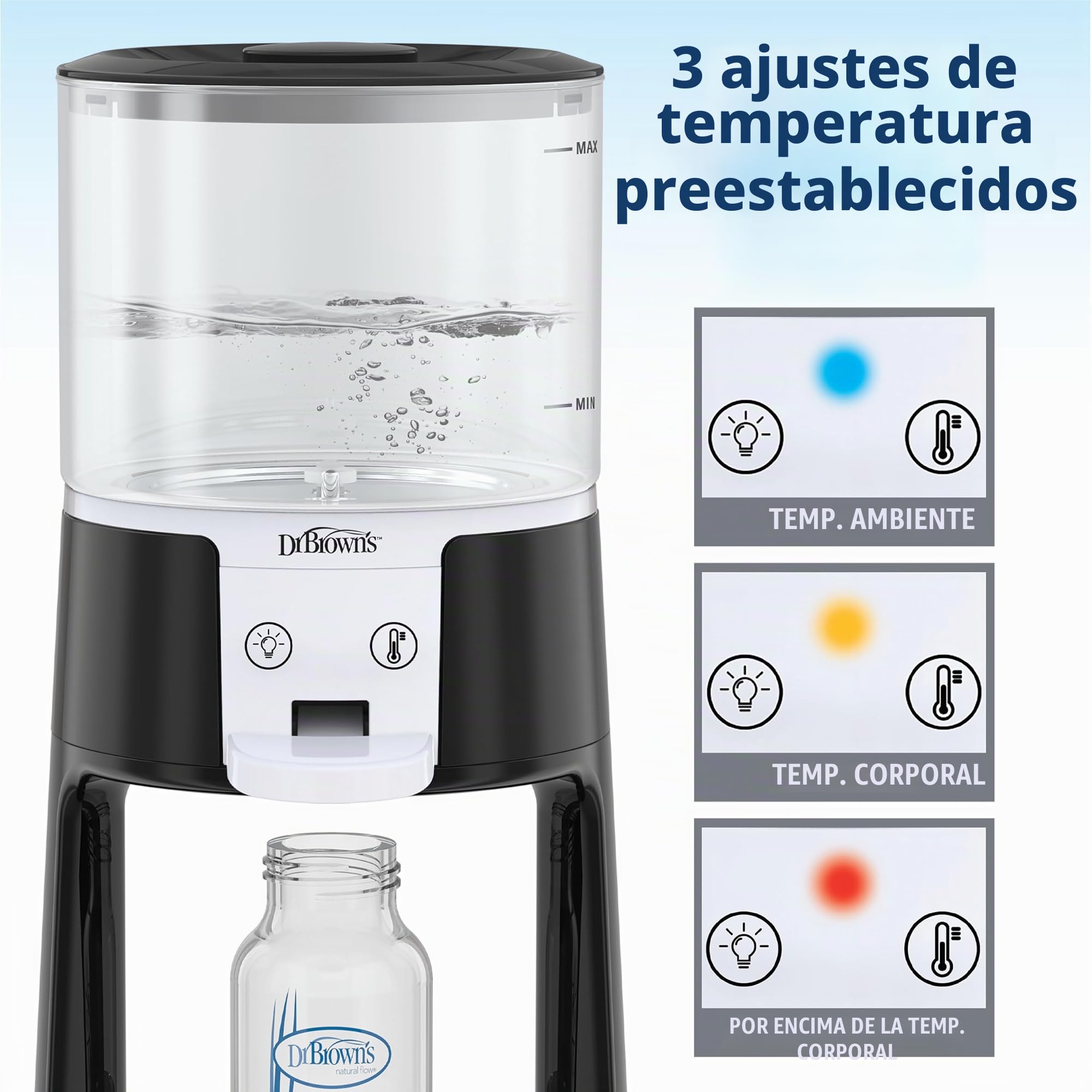 Dr. Brown's Insta-Prep - Dispensador de agua tibia para preparar al instante el biberón de fórmula del bebé, tanque de vidrio de gran capacidad con 3 ajustes de temperatura, color negro