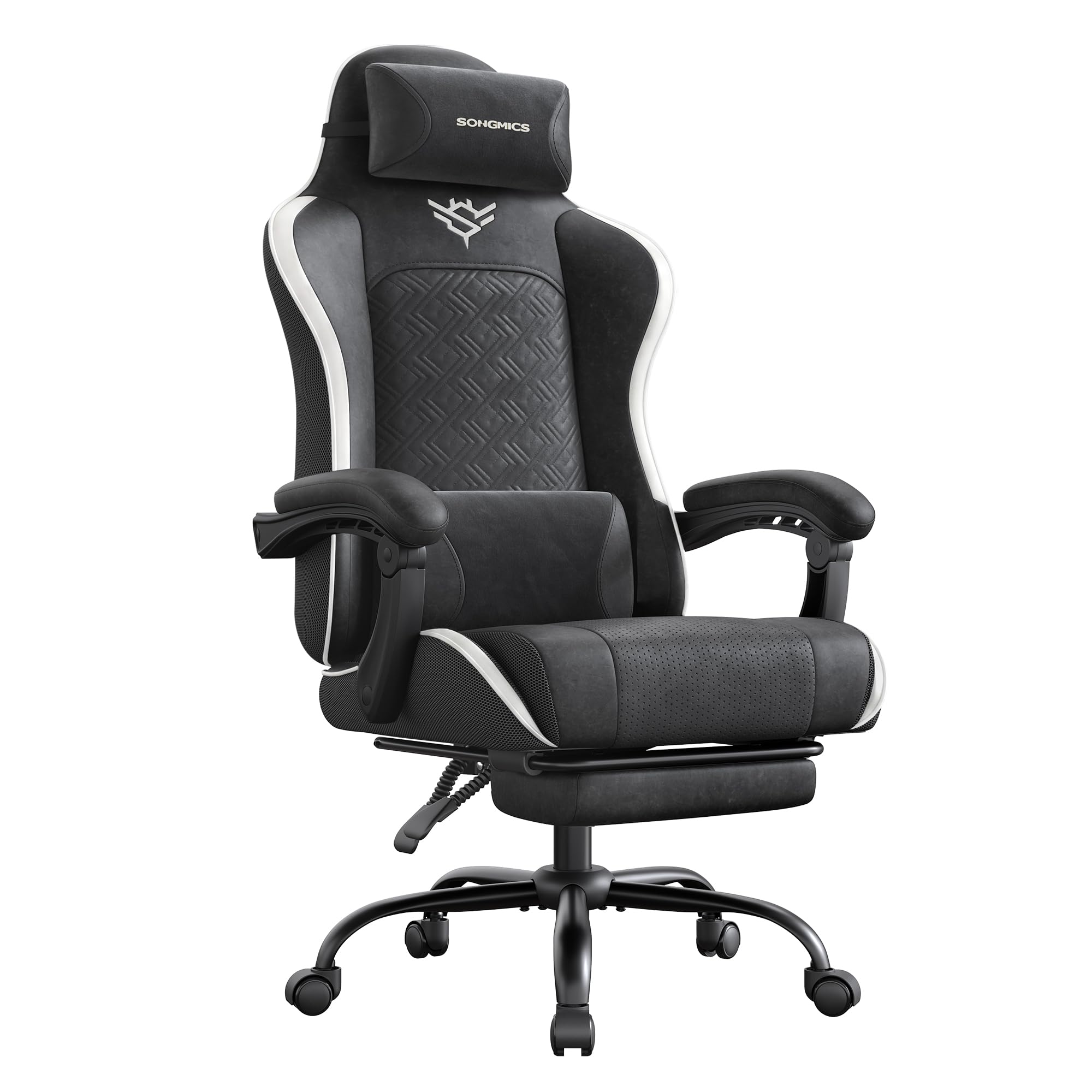 SONGMICS Gaming Chair, Ergonomic Office Computer Desk Chair with Footrest, Spring Seat Cushion, Synchronised Armrests, Ink Black and Cloud White OBG079B302