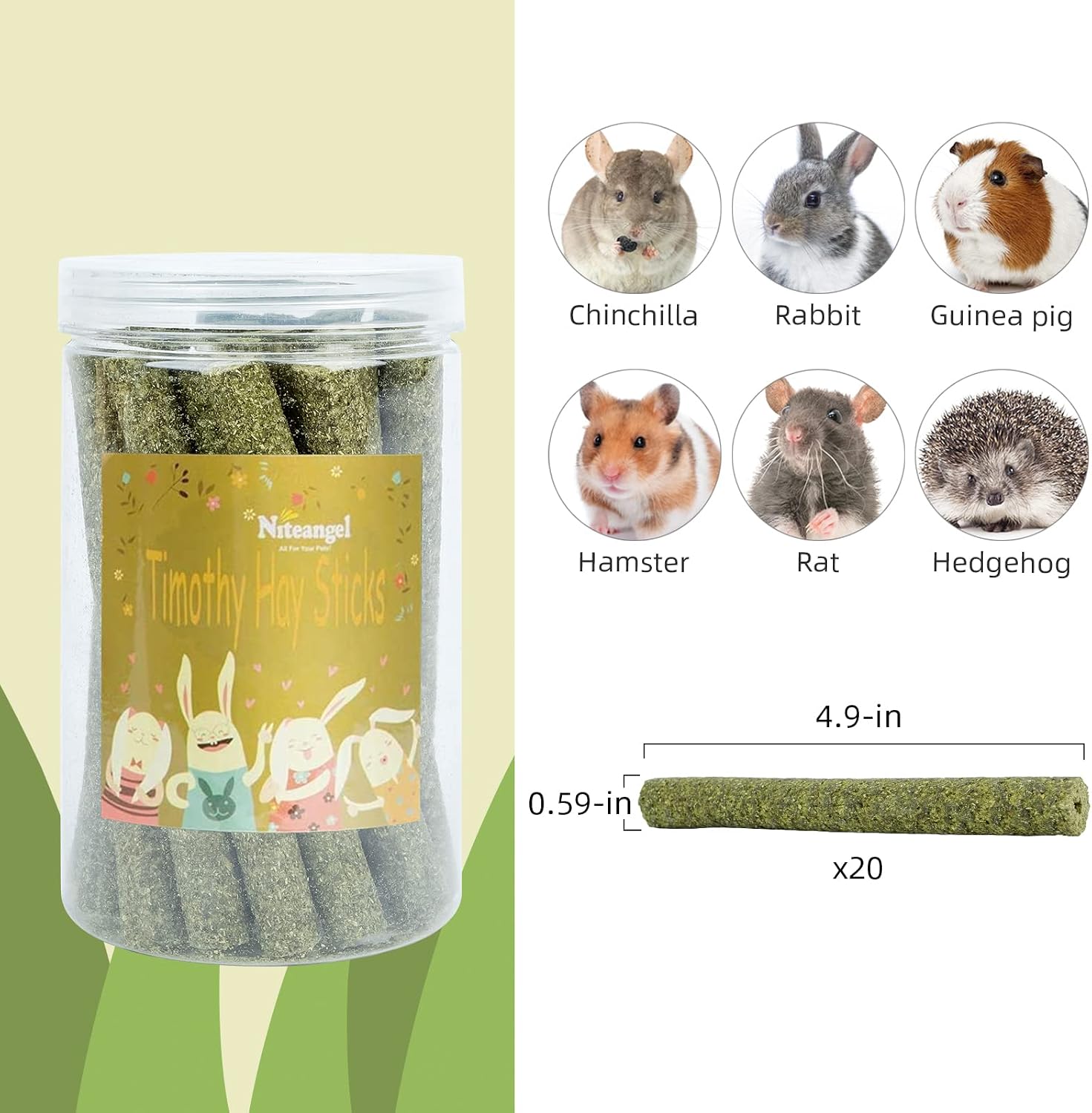 Niteangel 20pcs Natural Timothy Hay Sticks, Timothy Molar Rod for Rabbits, Chinchilla, Guinea Pigs and Other Small Animals