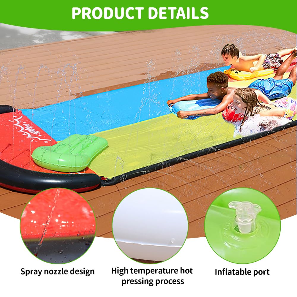 Wasserrutsche Garten, 480 cm/15.8ft Doppel Wasserrutschmatte mit Eingebautem Sprinkler, Rutschbahn Outdoor Wasser mit 2 Bodyboards, Rasen Wasserrutschmatte für Sommer Garten Pool Outdoor