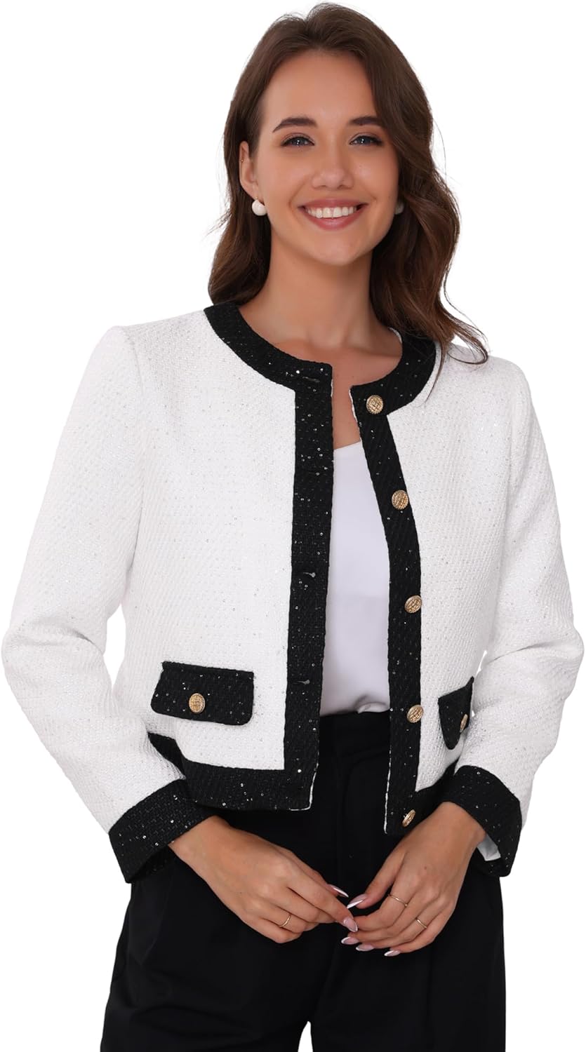 Allegra K Sequined Tweed Blazer for Women's Collarless Button Up Casual Office Short Blazers