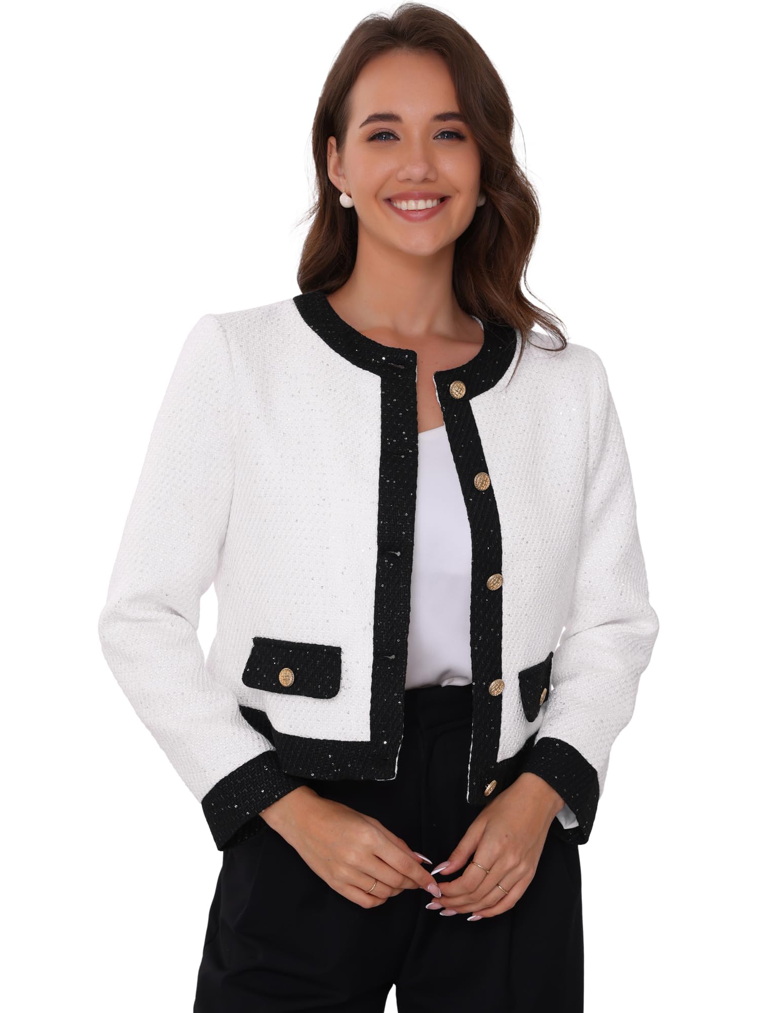 Allegra K Sequined Tweed Blazer for Womens Collarless Button Up Casual Office Short Blazers