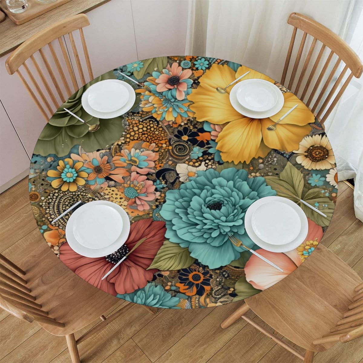 KNEMI Abstract Florals Fitted Round Tablecloth with Elastic Edge, Waterproof Table Cloth Wipe Clean Round Table Cover for Outdoor Garden Patio Dining Table, Fits Round Tables up to 40"- 44" Diameter