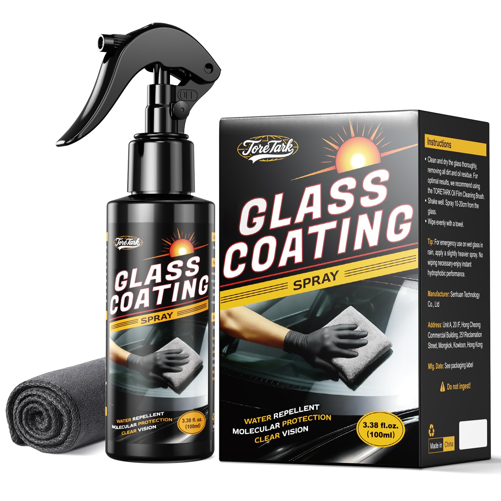 Toretark Car Ceramic Glass Coating Spray,Automotive Windshield Rain Repellent Glass Polish Protect, Long-Lasting Quick Dry Coat (3.38 fl oz +Towel)