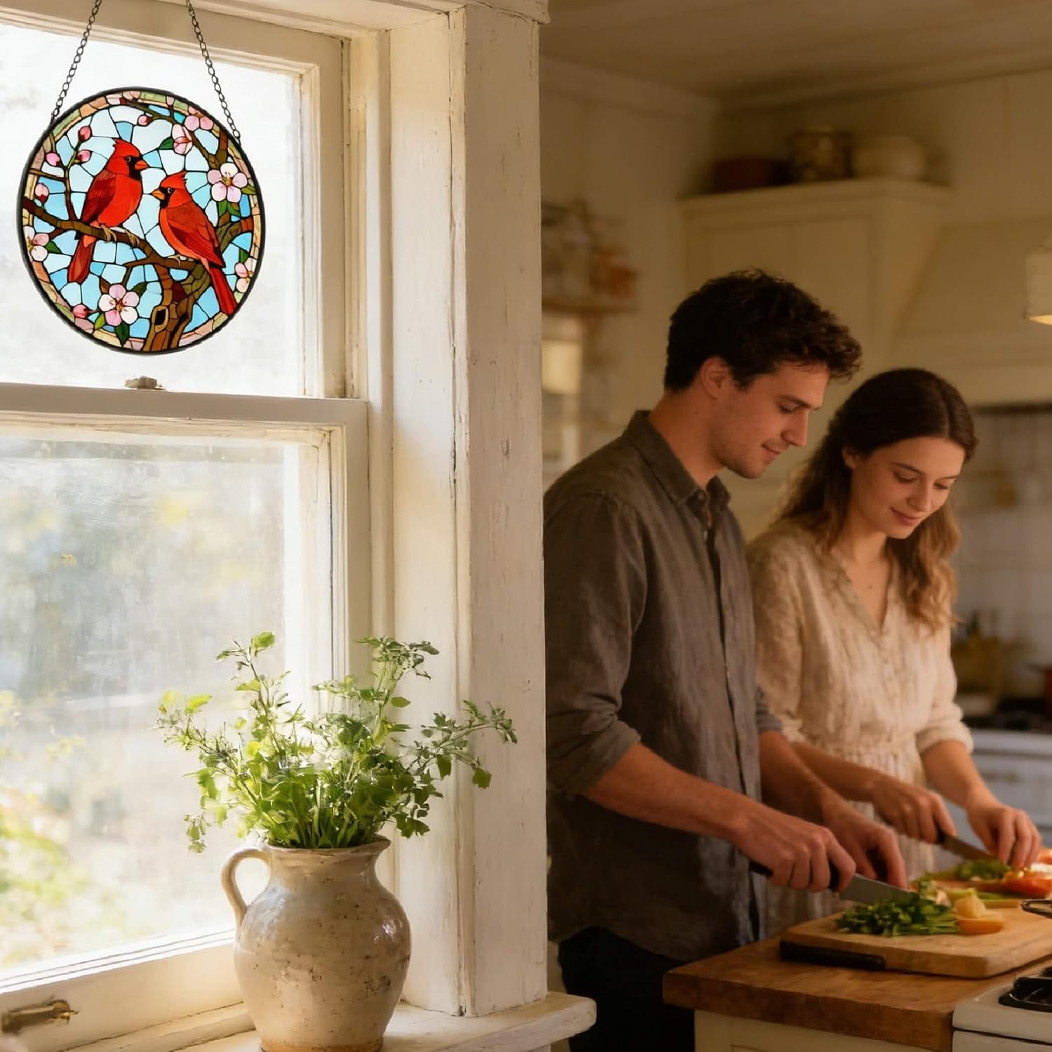 Stained Glass Window Hanging Farmhouse Decor Cardinal Birds Sun Catcher Home Decor Birthday Decorations for Women Hummingbird Gifts for Women Suncatchers for Windows Hanging 6.3 Inch