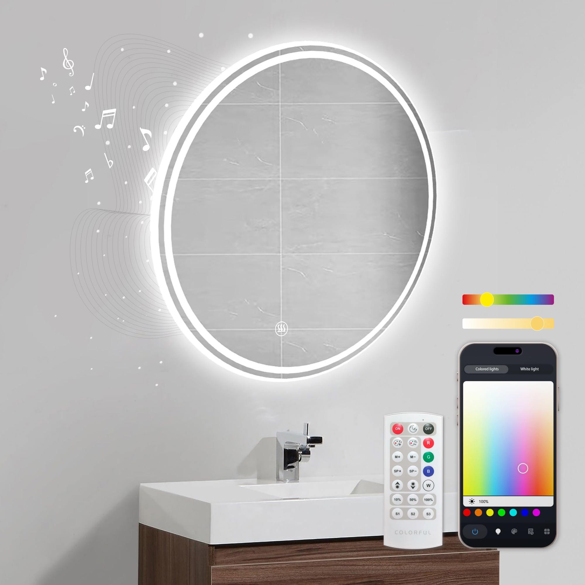 KSIX Oasis Espejo de Baño con luz LED - Espejo Inteligente con Altavoz y Antivaho 70x70 cm - Espejo de Baño Inteligente Redondo - Espejo RGB + Blanco cálido 1.000 LM, 36 W, App Tuya Antivaho