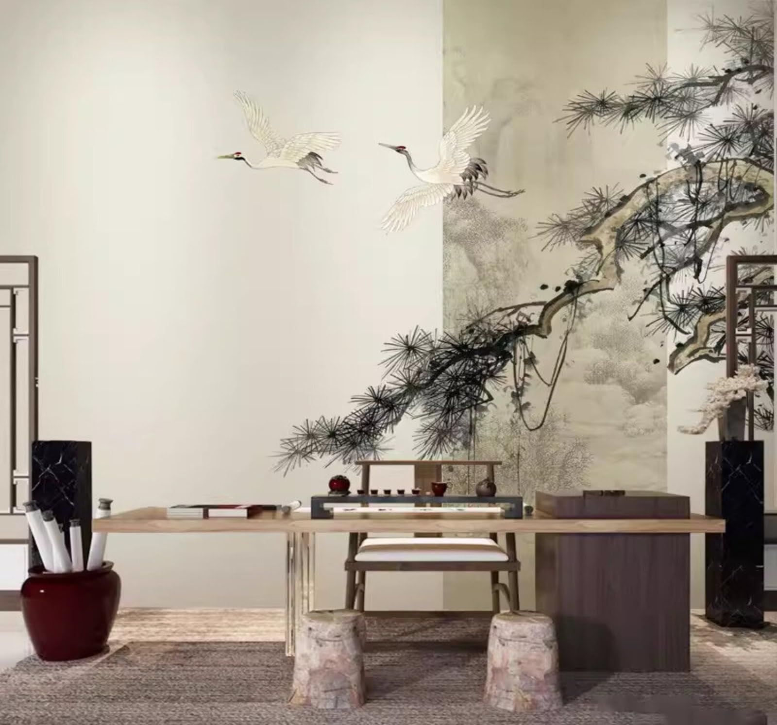Minimalist Hand Drawn Pine Trees Birds in Flight Artistic Atmosphere 3D Wallpaper Easy Install Feature Office Living Room Sofa Bedroom TV Background Wall Decoration-300cm×210cm