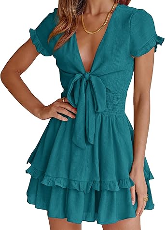 PRETTYGARDEN Women Summer Mini Short Dress 2025 Short Sleeve Casual Beach Vacation Sundress V Neck Tiered Sun Dresses