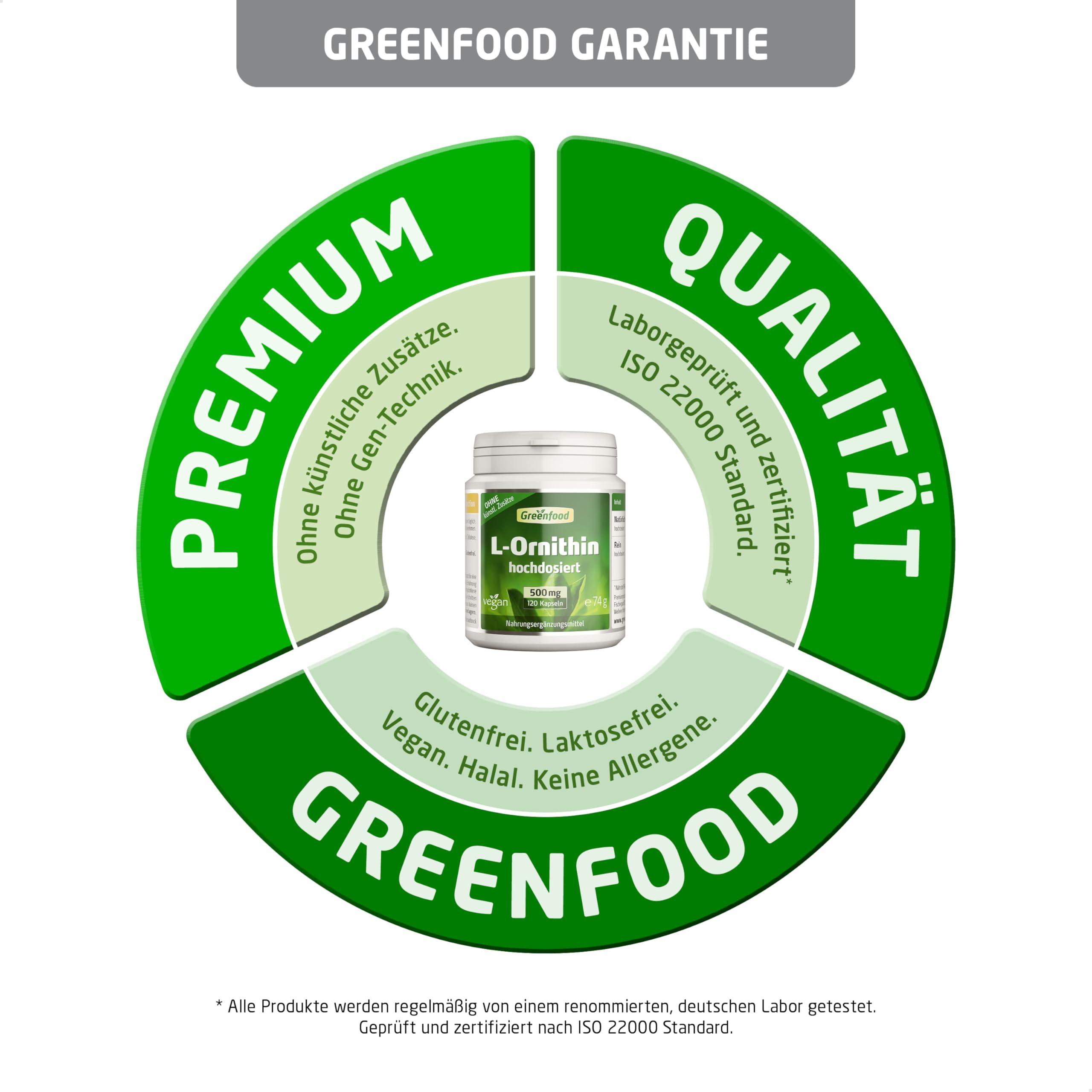 L-Ornithin, hochdosiert, 500mg - 120 Kapseln, vegan. Reines L-Ornithin – gewonnen aus natürlicher Fermentation. OHNE künstliche Zusätze - laborgeprüft. Von Greenfood.