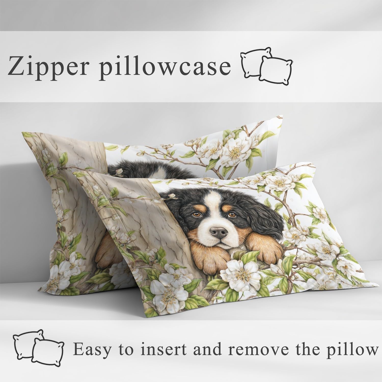 Süß Hunde Spannbetttuch Kindlich Tier Blumen Spannbettlaken 200 x 200 x 30 cm 3teilig Mikrofaser Bettwäsche Set mit 2 Kissenbezüge 80 x 80 cm Kein Flachbettlaken