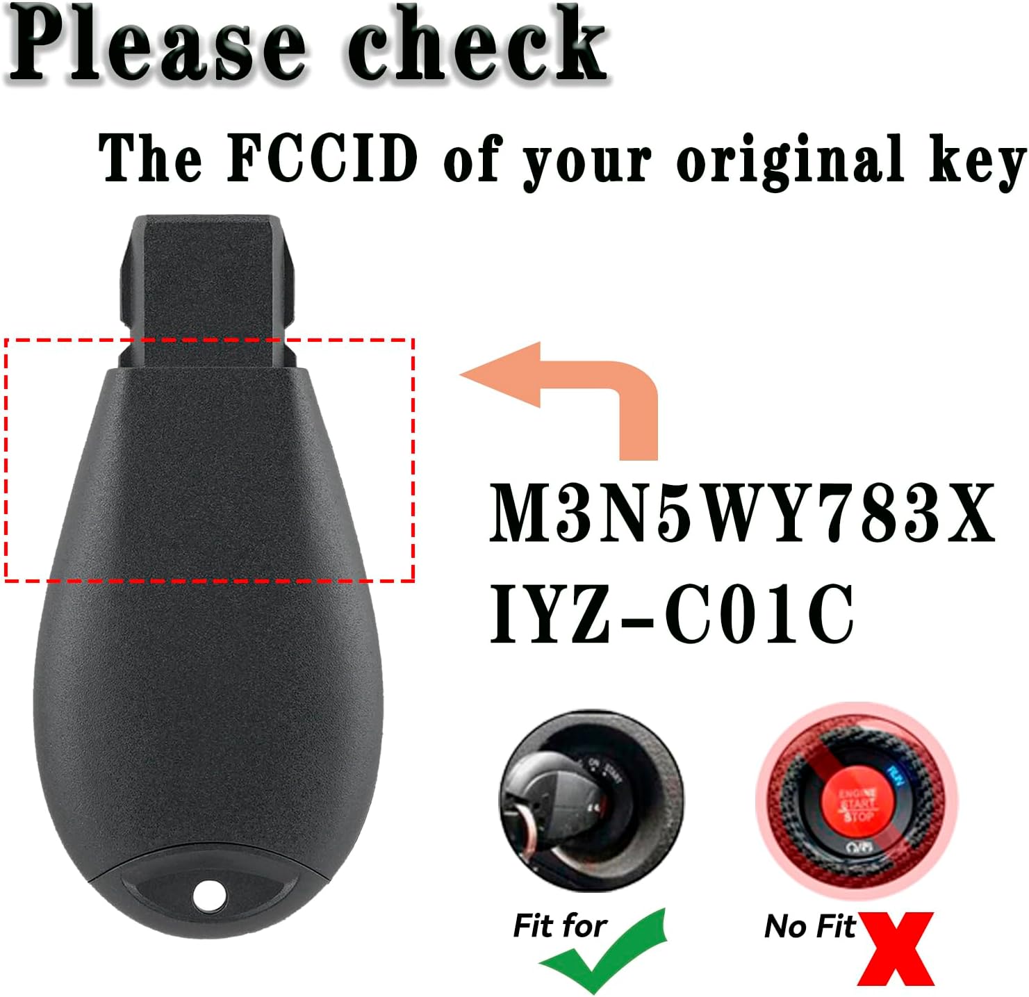 Image showing how to check the FCC ID on an original key and distinguishing between keyed ignition (Fit) and push-start ignition (No Fit)