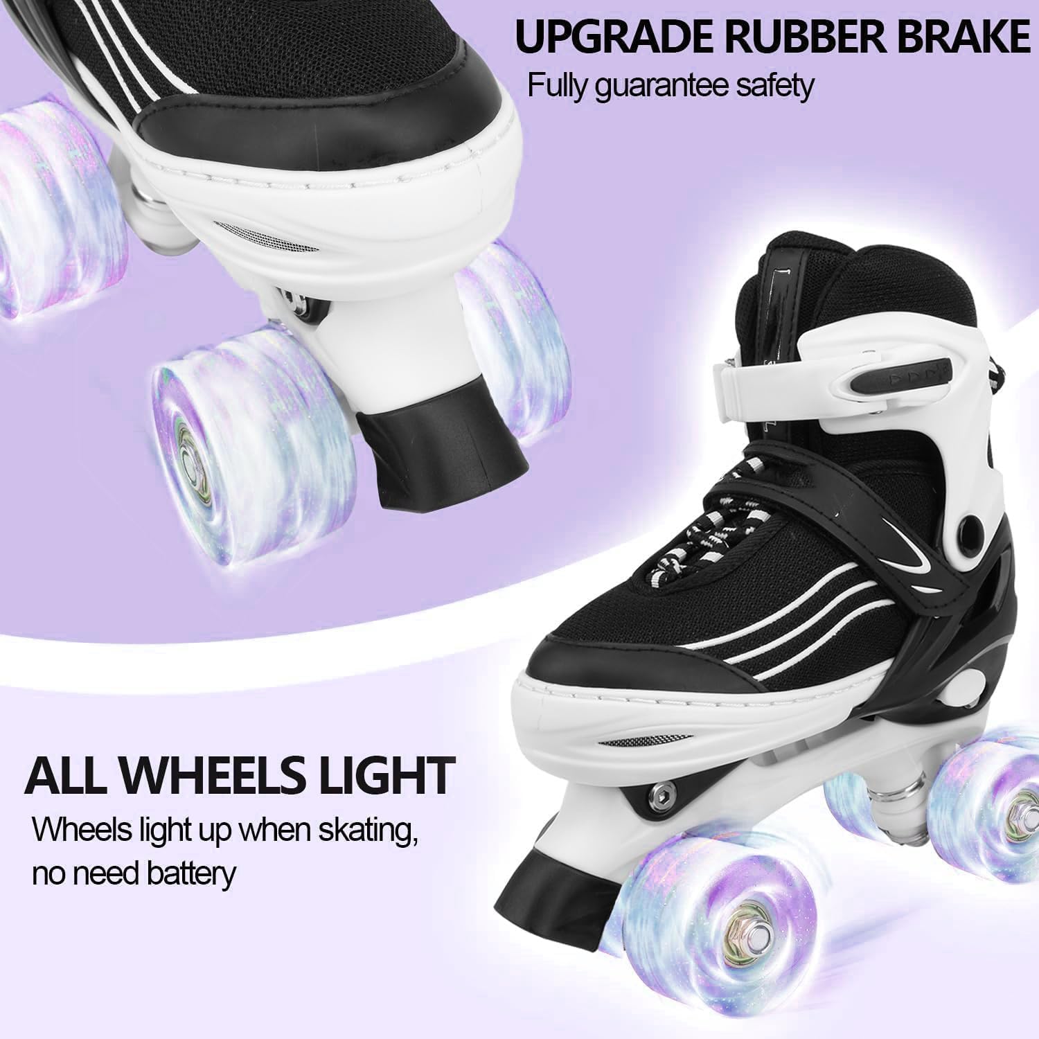 WHDOUNIS 4 Wheel Adjustable Kids Roller Skates with Lights, Elastic Straps, PU Wheels for Girls and Boys, Indoor Outdoor Skates for Toddlers 3-12 Years Old
