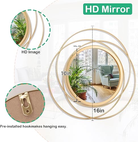 Miniatura 7 de HLFMVWE Espejo redondo grande de arte dorado con marco de alambre de metal de hierro, espejo de pared para decoración del hogar, sala de estar,