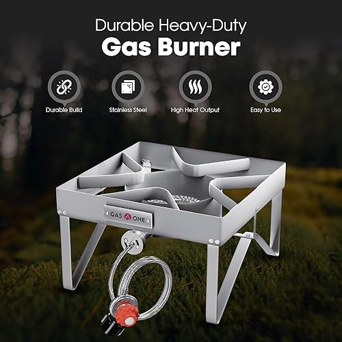 Miniatura 2 de GasOne Quemador de propano de acero inoxidable para exteriores - Estufa de campamento de alta presión con regulador ajustable y manguera trenzada de
