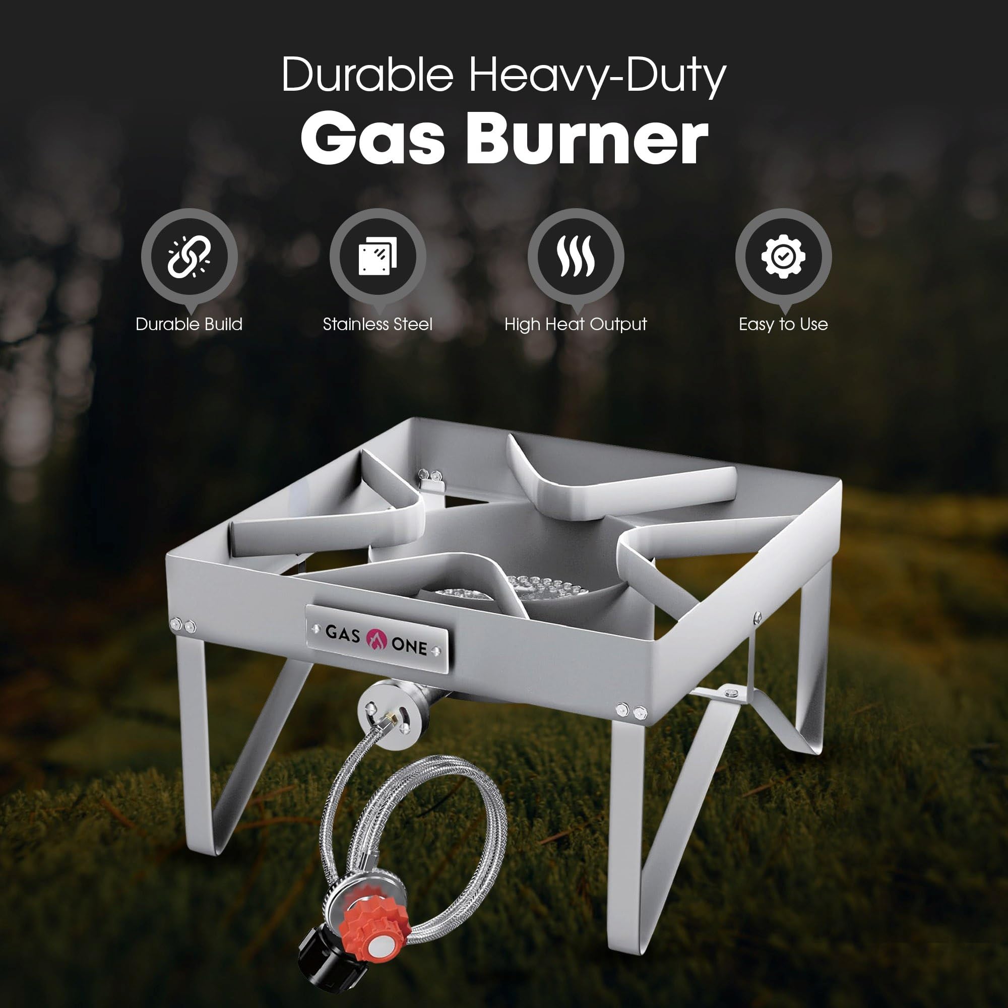 GasOne Stainless Steel Outdoor Propane Burner – High Pressure Camp Stove with Adjustable Regulator & Steel-Braided Hose