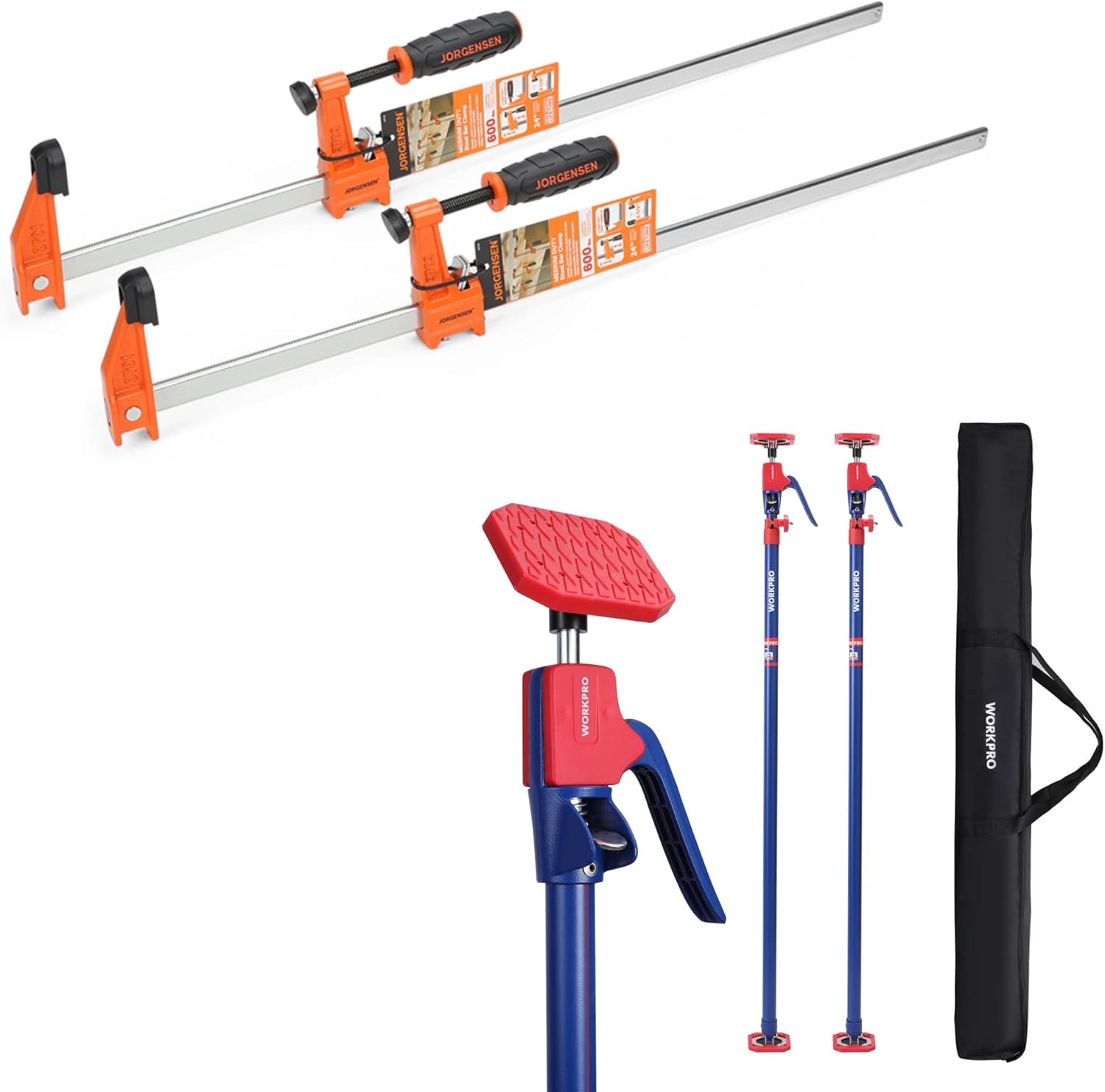 Jorgensen 2-pack 24-inch Bar Clamp Set & WORKPRO Cabinet Jack Support Pole