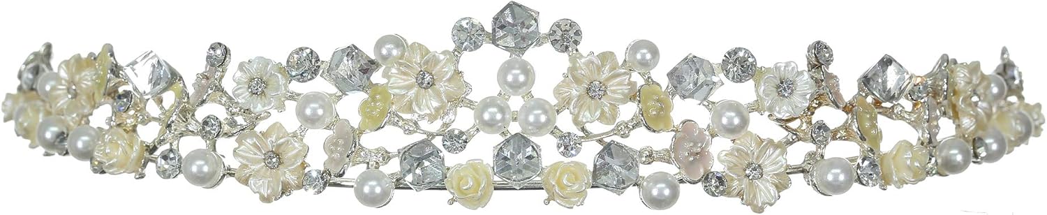 SAMKY Faux Pearl Flower Crystal Bridal Wedding Tiara Crown