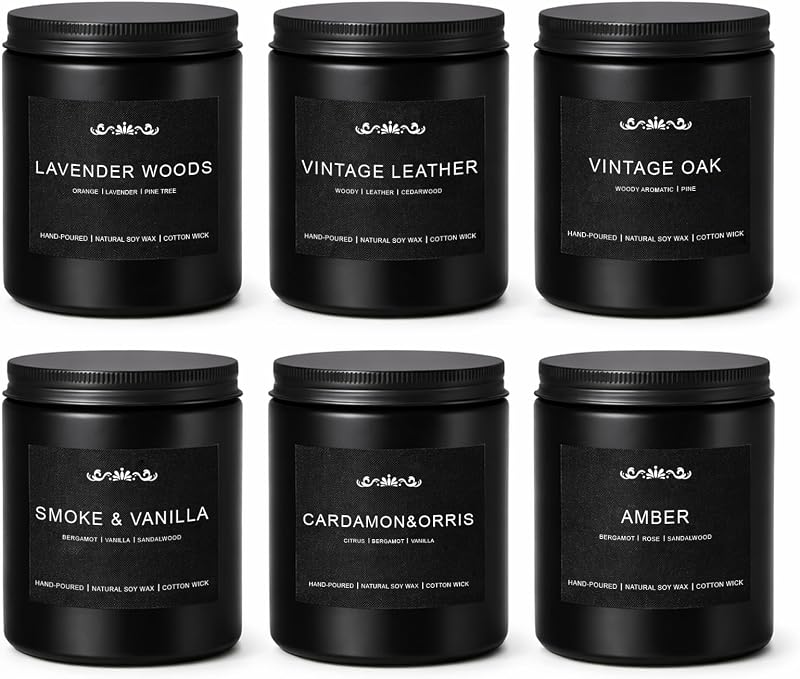 Juego de velas para hombres, paquete de 6 velas perfumadas de cera de soja, juego de regalo varonil, fragancia casera de larga duración de 300 horas con aromas masculinos, regalo para papá, esposo o novio
