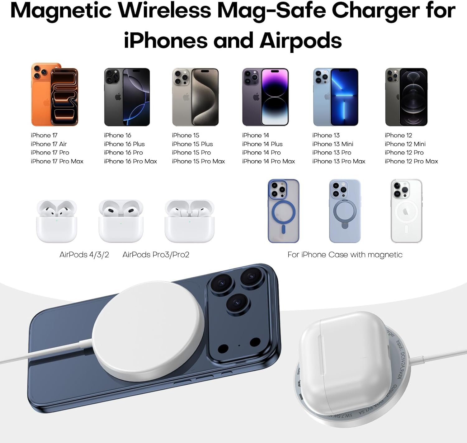 [Apple MFi Certified] Apple MagSafe iPhone Charger Magnetic Wireless Charger 15W 6FT Fast Wireless Charging Pad for Apple iPhone 17/16/15/14/13/12 Pro Max Plus/AirPods 2 3 4 Pro 2 3 Wireless Charger