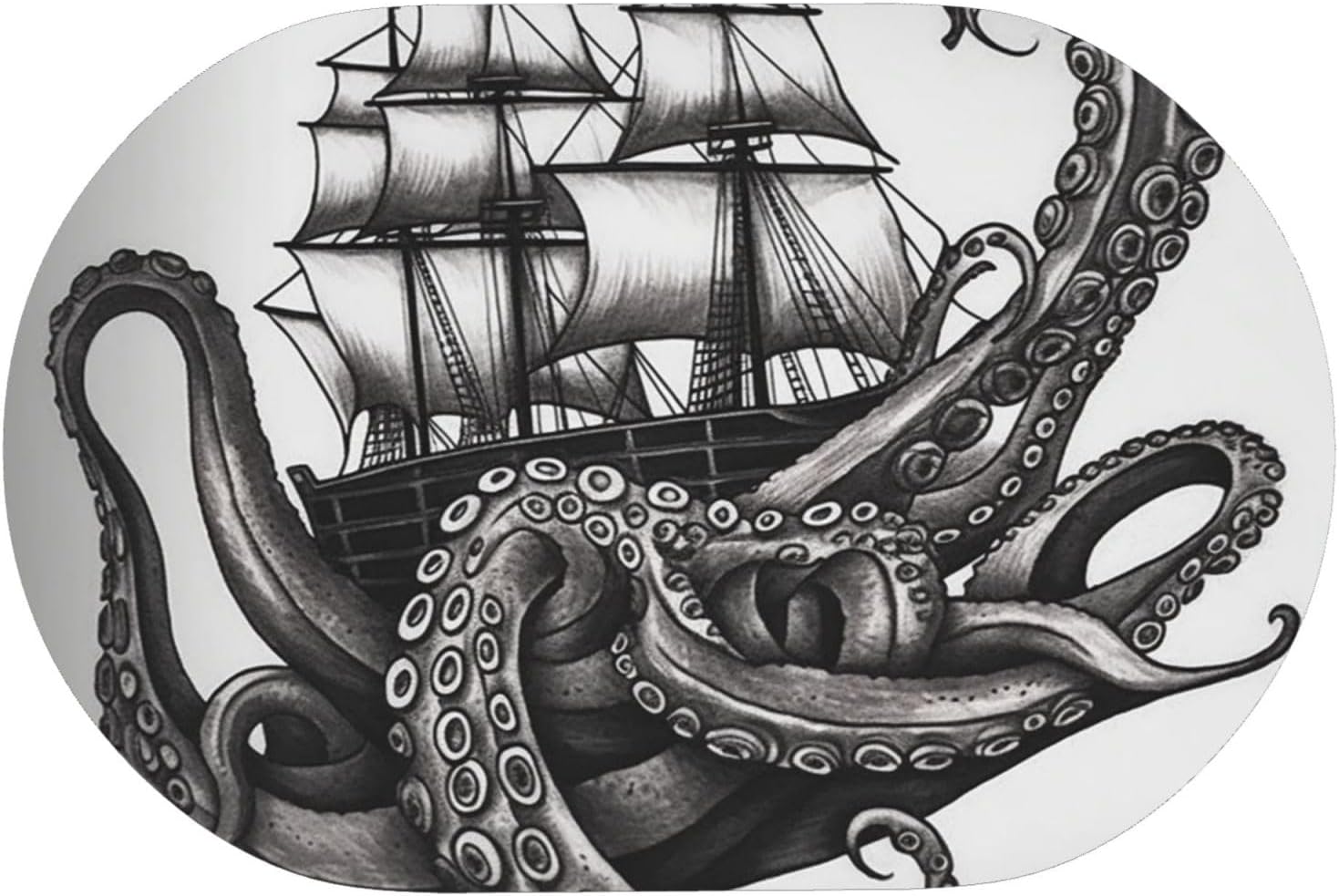 Black and White Octopus and Ship Diatomaceous Earth Bath Mat Soft Bathtub Mat Rugs Non Slip-Super Absorbent Bathroom Floor Mat Quick Dry Diatomaceous Bath Mats for Bathroom 23.6 X 15.7 Inches