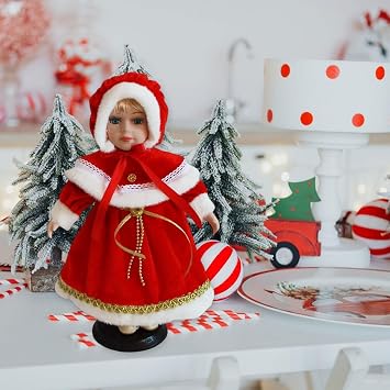 Simhoa 12 inch Elegant Porcelain Doll in Red Dress, Victorian Display Figure, Beautiful Ceramic Standing Doll for Home Decor, Christmas Birthday Gifts for Kids Women