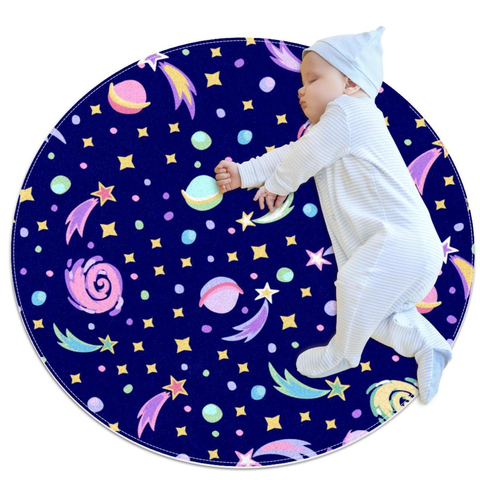 Tapis de salle de bain antidérapant rond 1m étoiles bleu pour chambre enfant