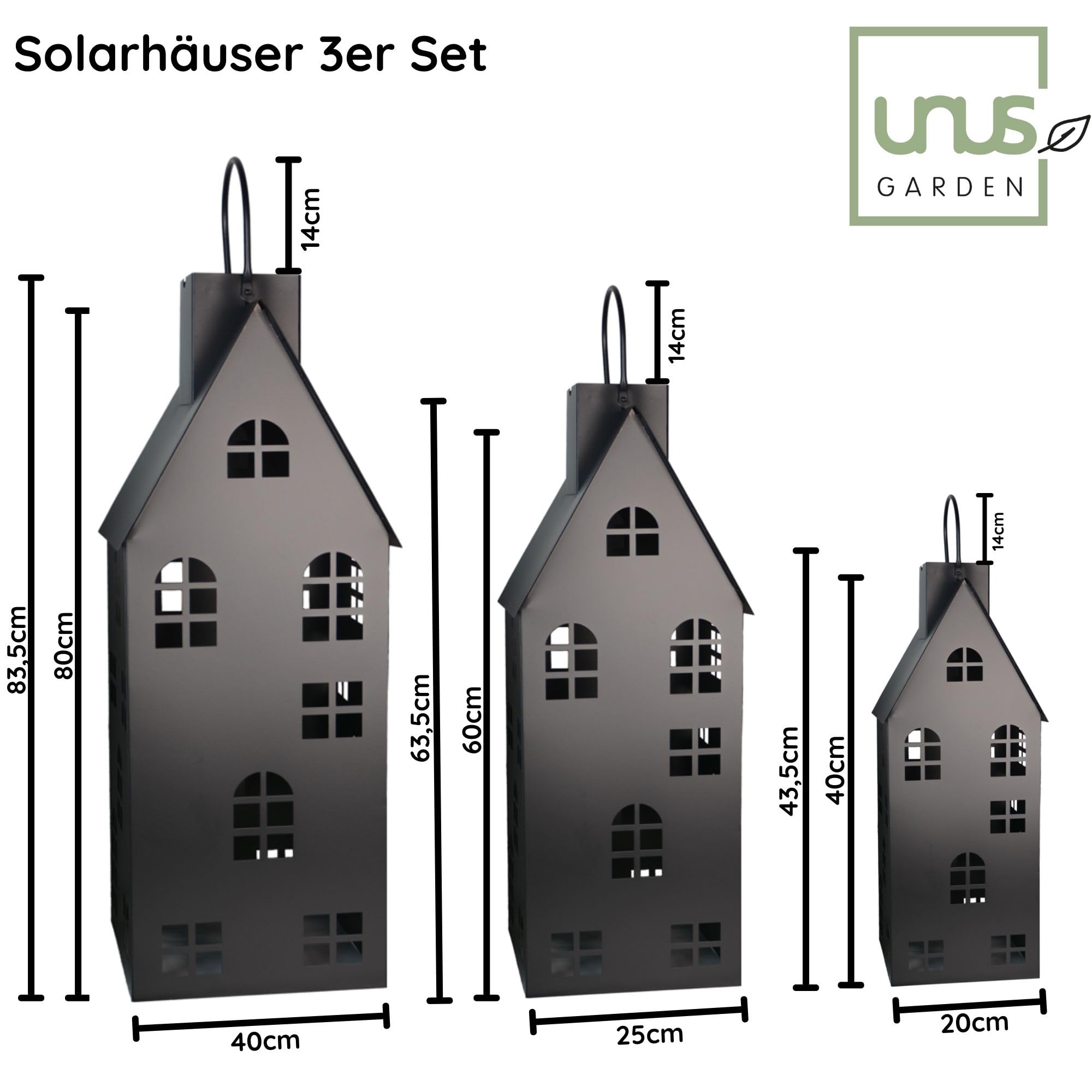 UNUS Laternenhaus in Schwarz, Outdoor Laterne 80 cm groß, Solarlaterne mit LED Licht, für draußen und drinnen, stimmungsvolle Beleuchtung, aus Metall