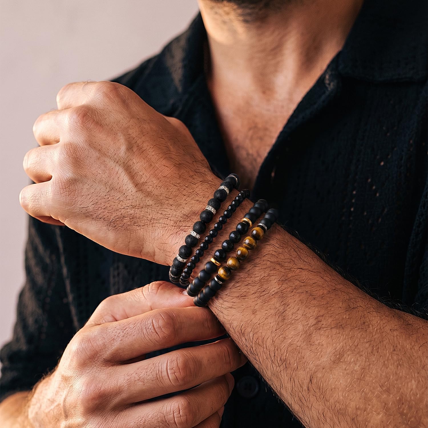 Men's Natural Stone Beaded Bracelet Set, 4 Pcs Stretch Stacking Bracelets with Lava Rock, Onyx, Tiger Eye, Howlite Beads thumbnail