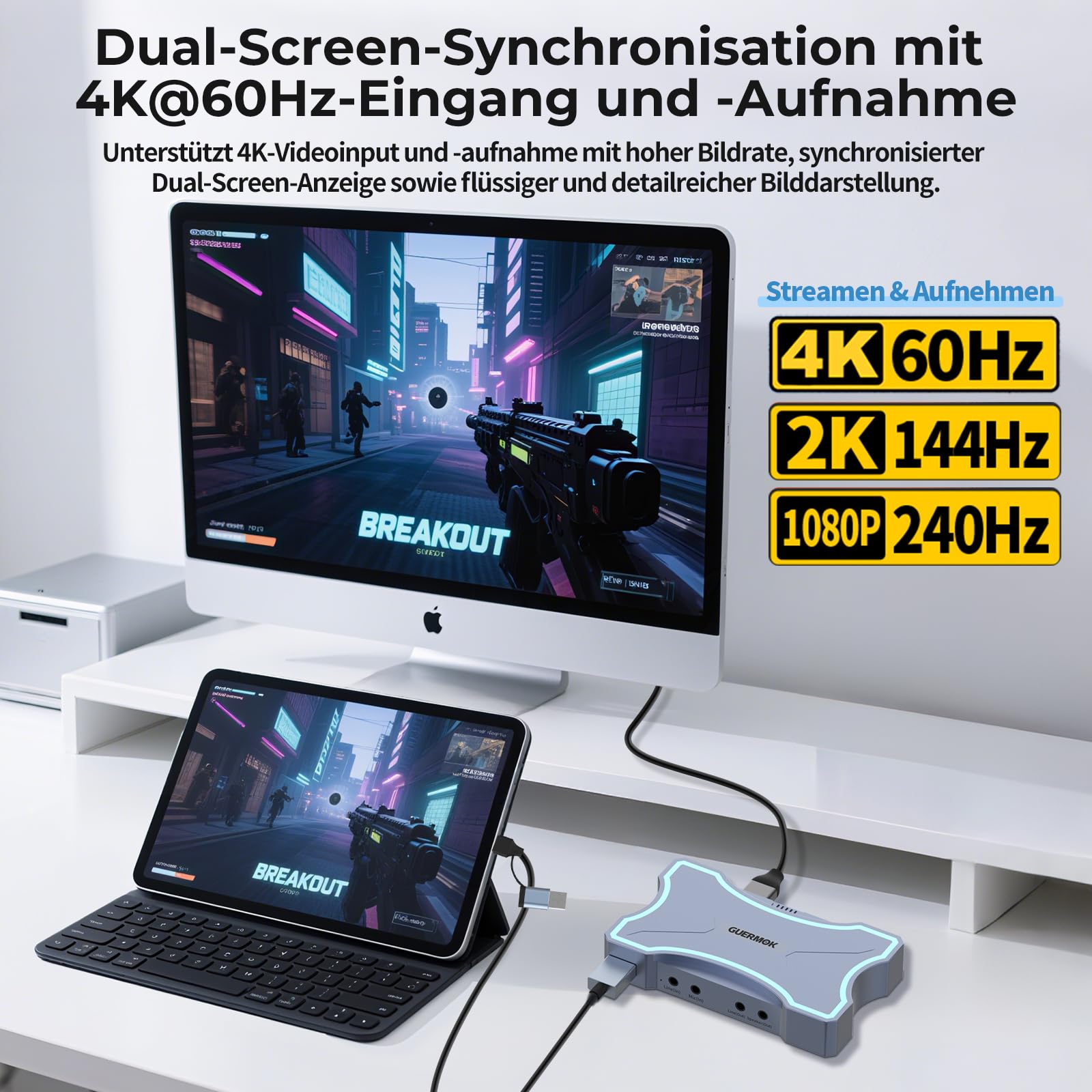 Guermok 4K HDMI Capture Card with Touch LED, Dual HDMI In/Loop-Out, USB 3.0, 4K@60Hz/ 2K@144Hz Video Capture, Mic/Line In, 4K60 Passthrough, Efficient Cooling, Streaming and Gaming for Switch2/1