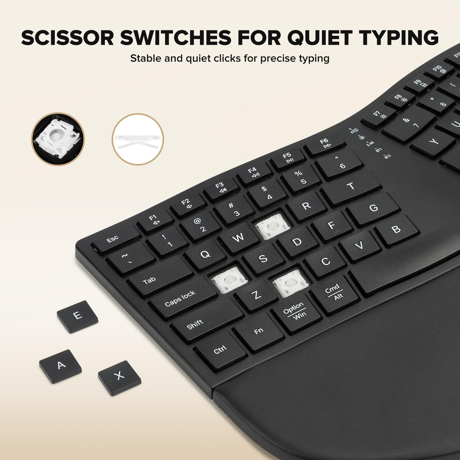 (Upgraded) DELUX Ergonomic Wireless Keyboard w Cushioned Wrist Rest, Wave Keys, 2.4GHz & Bluetooth Connection, Full Size Wireless Rechargeable Computer Keyboard for Windows, Mac OS, Laptop, PC (GM909) — view 6