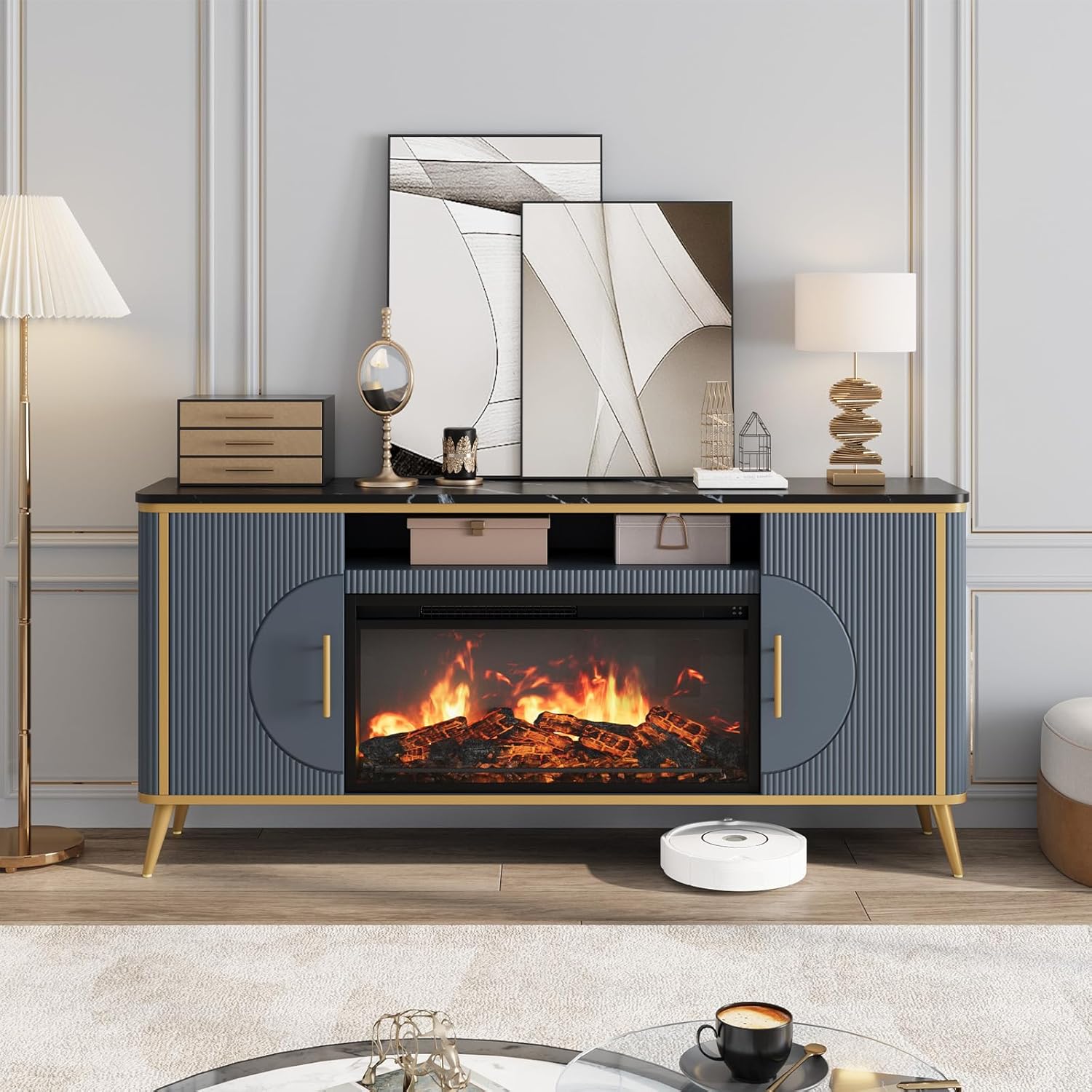 Navy Blue Fluted Fireplace TV Stand for 80" TVs
