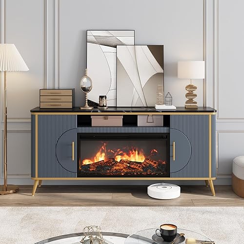 Miniatura 2 de Soporte para TV con Chimenea Acanalada para TVs de hasta 80", Centro de Entretenimiento Moderno con Chimenea Eléctrica de 30", Consola Multimedia de