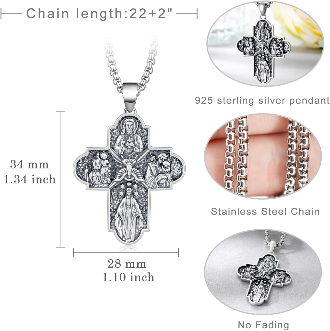 Catholic Cros Necklace for Men 925 Sterling Silver Virgin Mary Jesus Cross Necklace Miraculous Medal Catholic Jewelry for Women