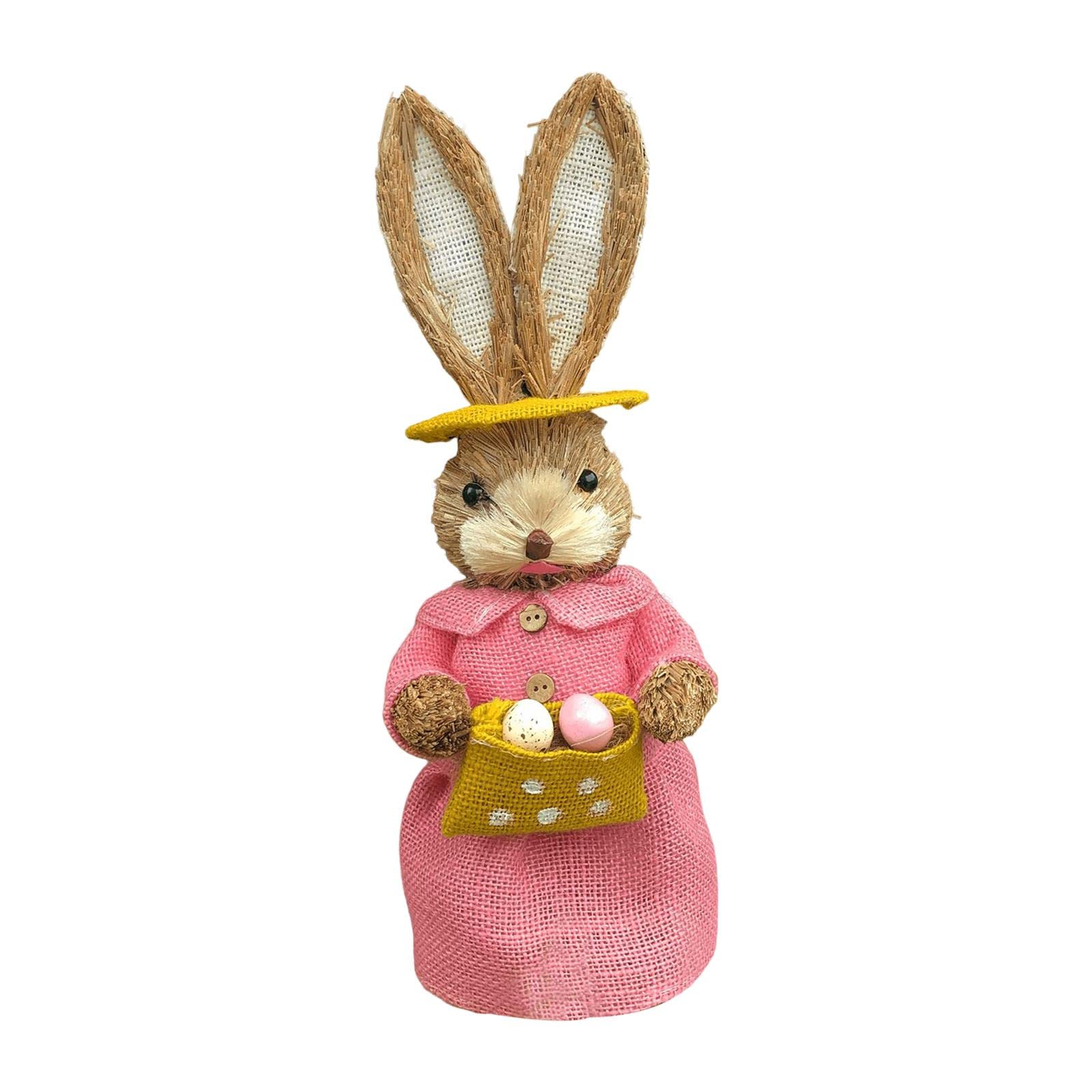 Lzvmlnqi Girls Hat 35Cm Straw Rabbit Figurine Bunny Statue Easter Sculpture For Tabletop Decoration