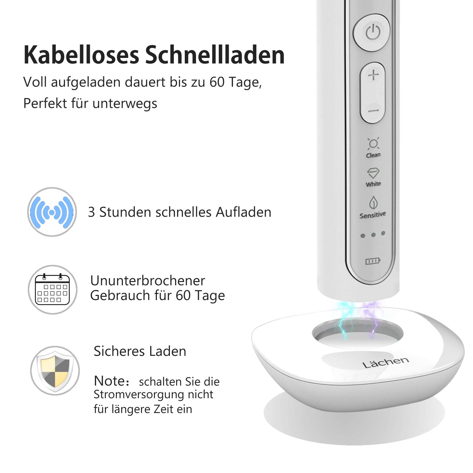 Lächen Sonic - Cepillo de dientes eléctrico sónico con 4 cabezales y temporizador, 3 modos y 3 intensidades de vibración, con bolsa de viaje, color blanco