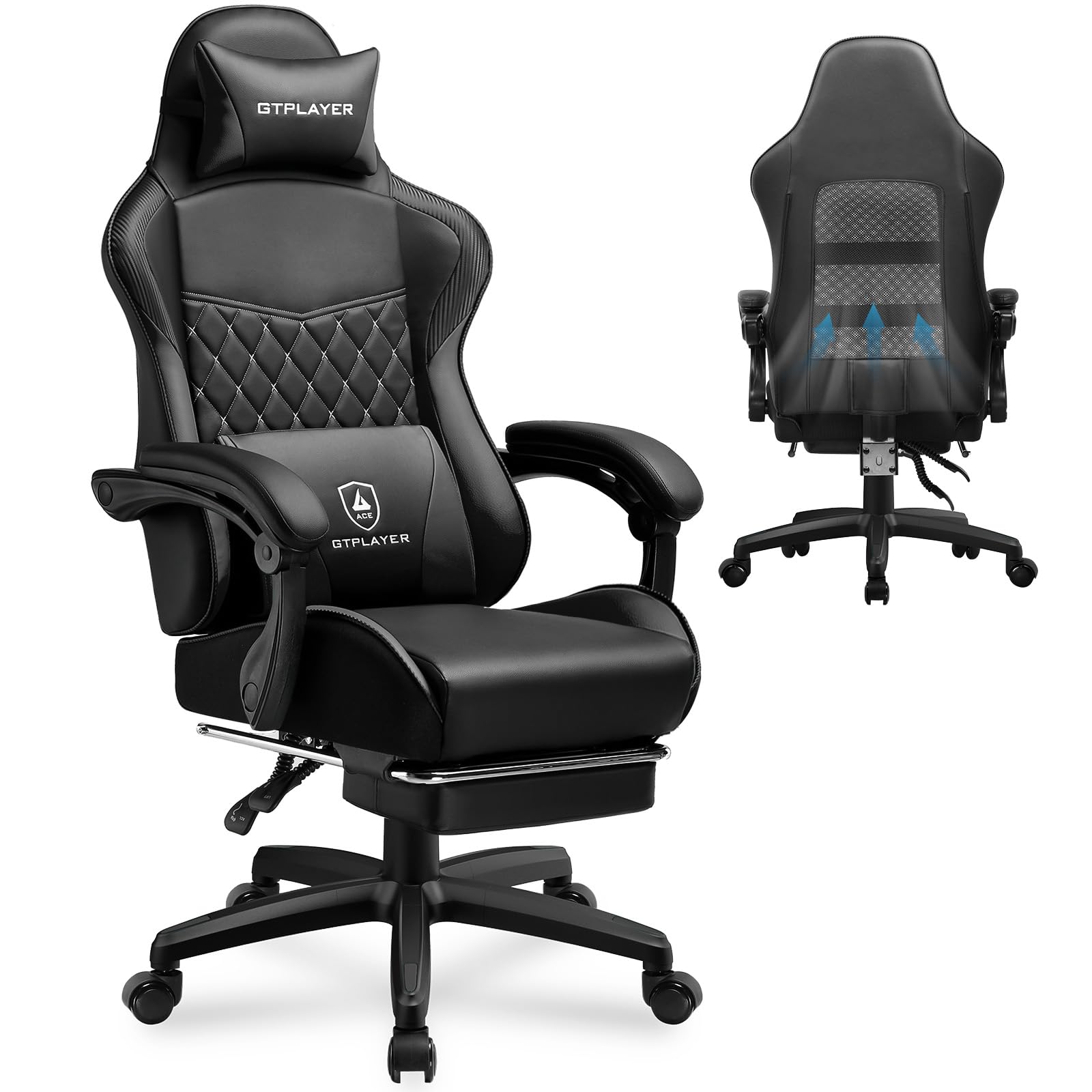 gtplayer gaming chair, high back leather computer game chair with footrest, ergonomic height adjustable office chair with removable cover and lumbar support for gaming and work (black)