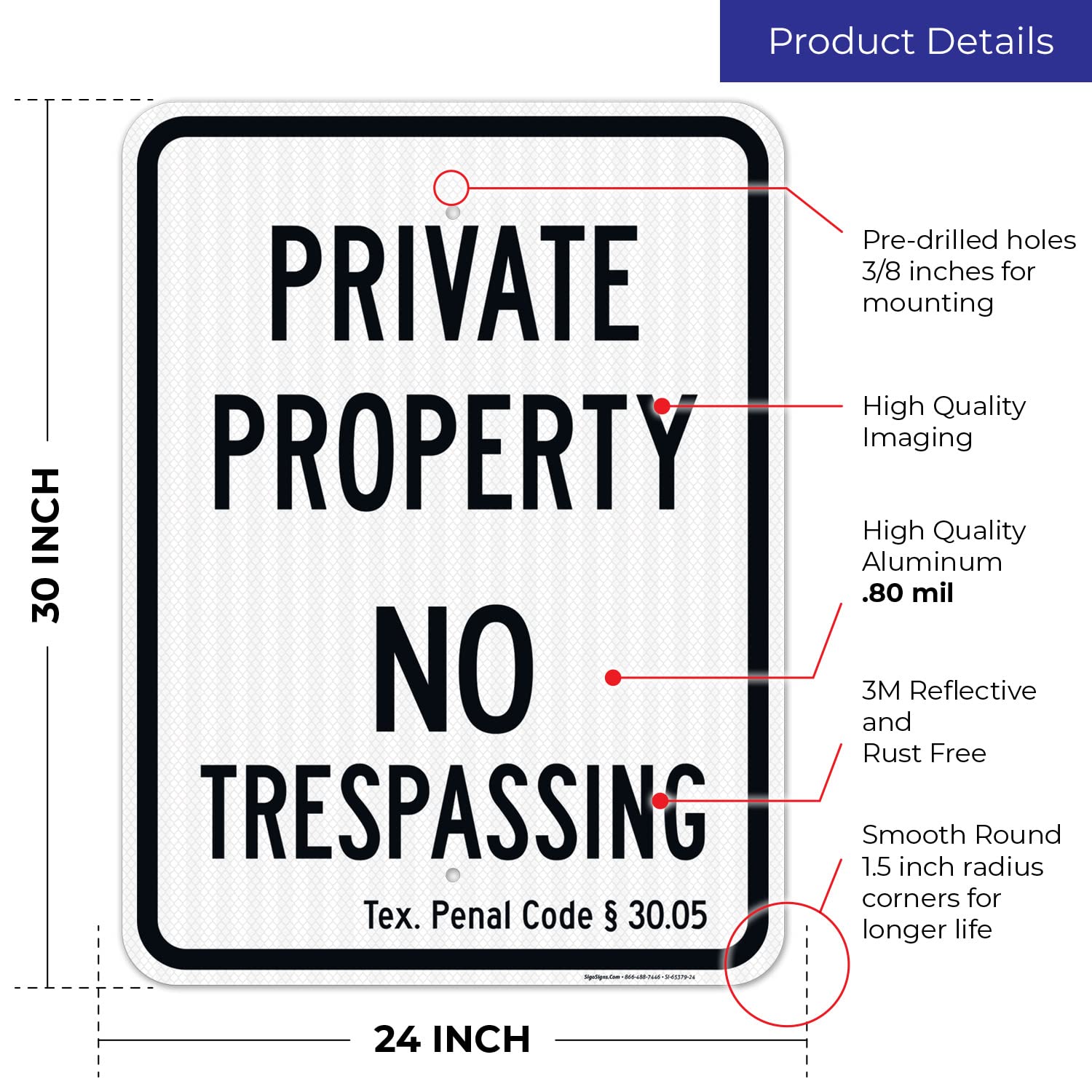 Texas Private Property No Trespassing Sign, 18x24 Inches, 3M EGP Reflective .080 Aluminum, Fade Resistant, Made in USA