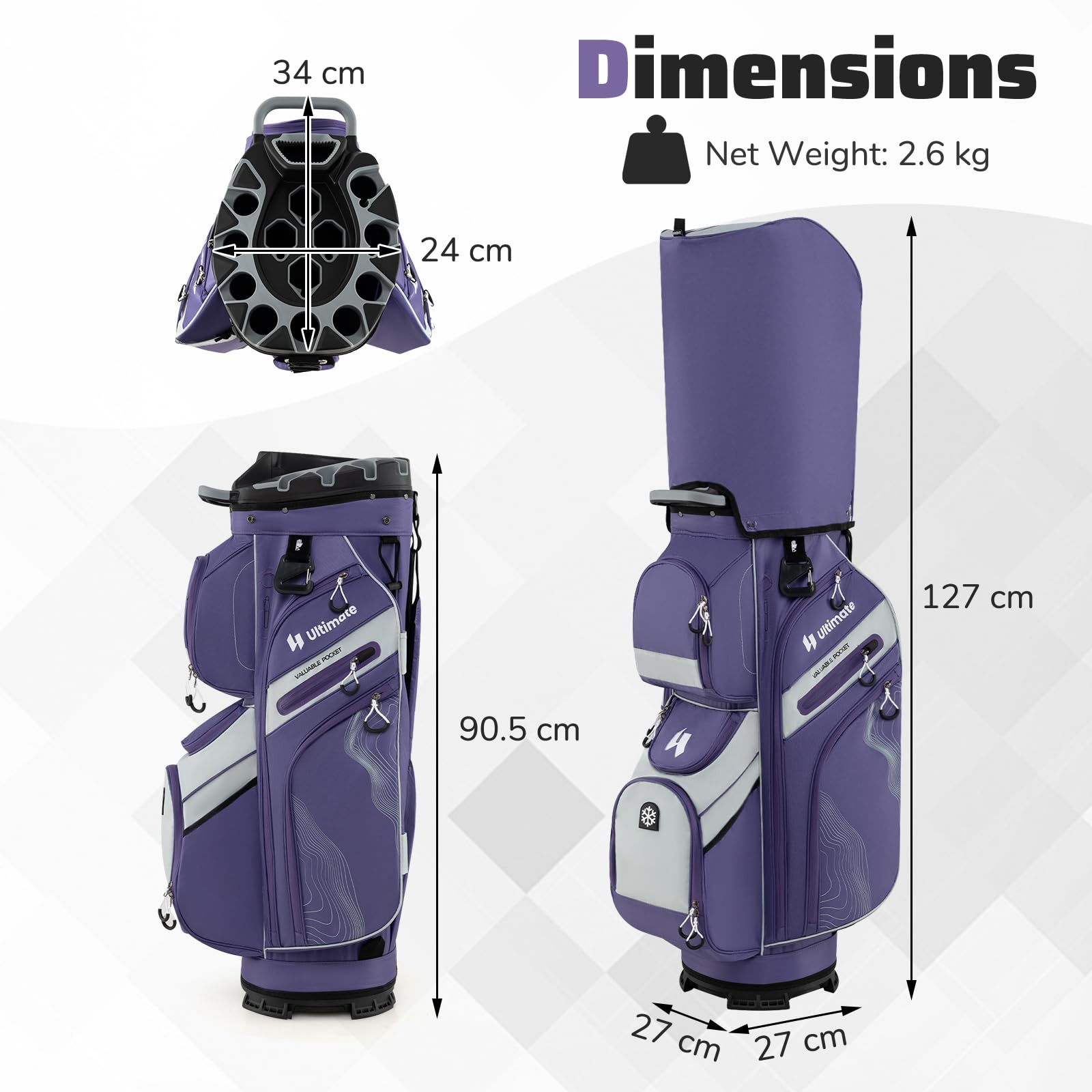 LIFEZEAL Golftasche, Golf Cart Bag mit 14 Trennwänden, Golfschlägertasche mit 11 Taschen, Tragbarer Golfbag mit Gurt, Griffe, Regenschirm-Halterung